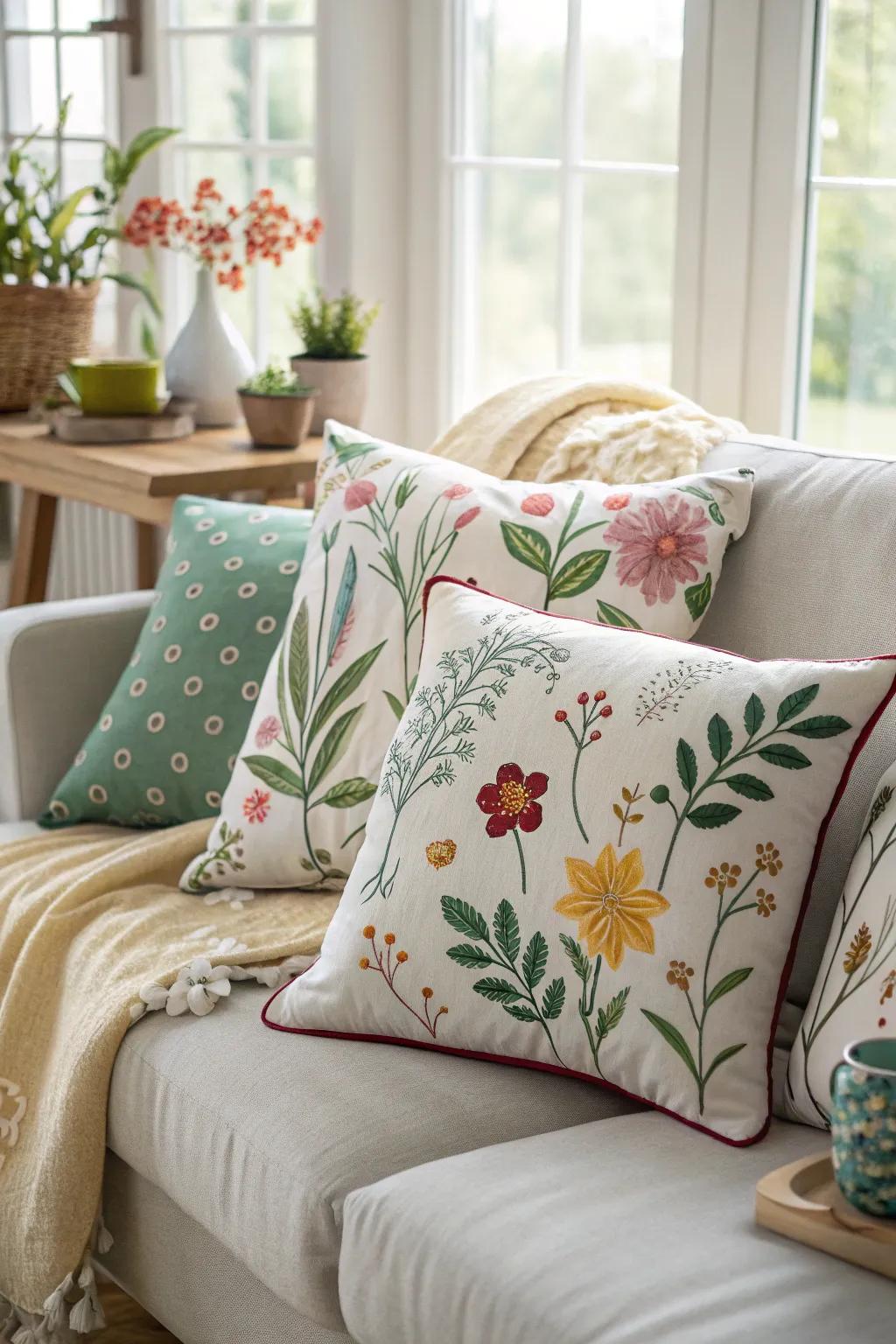 Seasonal throw pillows with spring motifs refresh the room's decor.