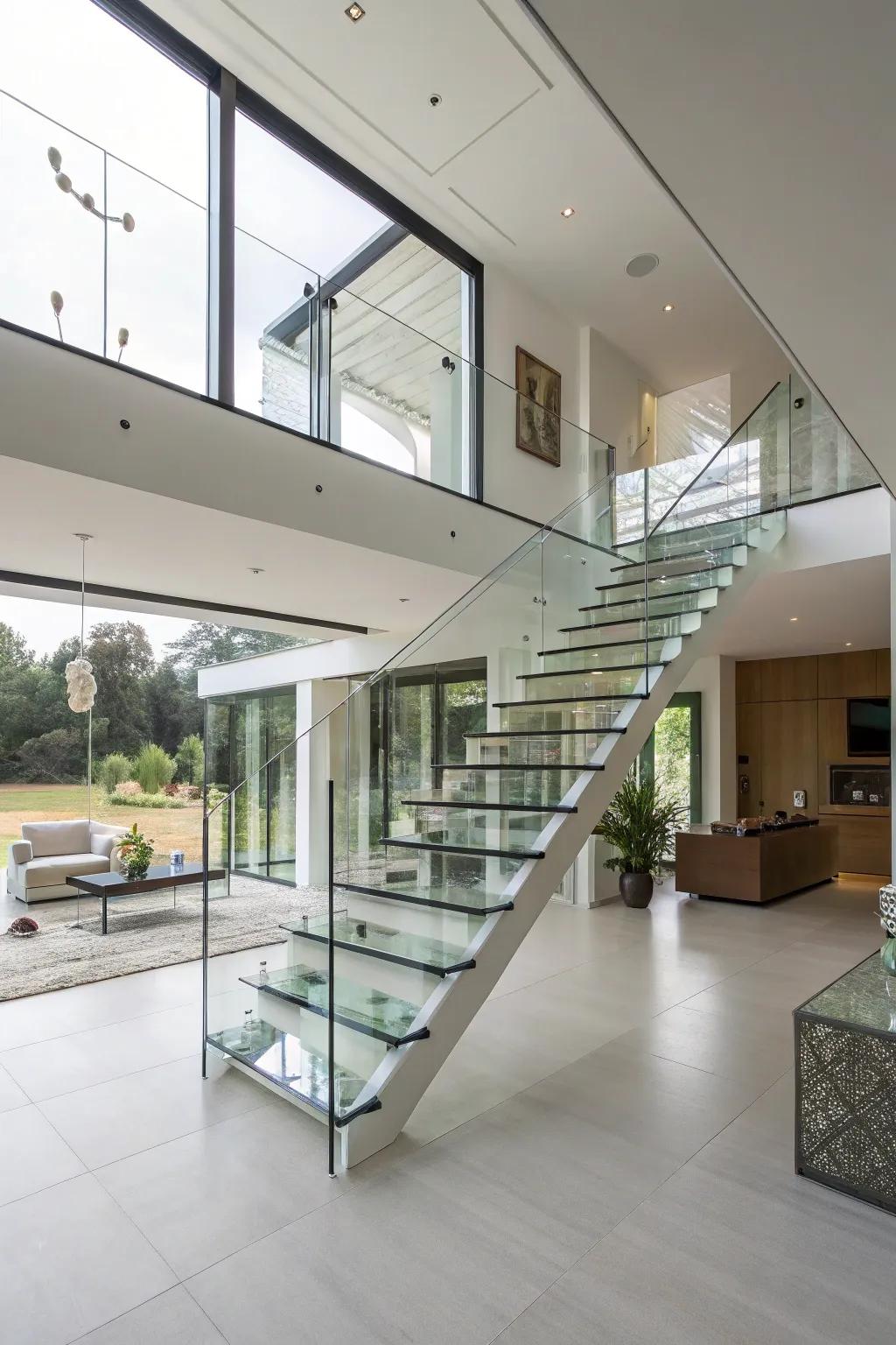 A suspended staircase can make a statement and give a sense of open space.
