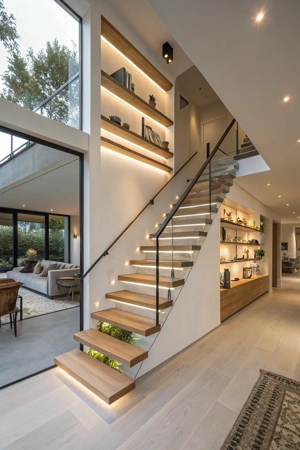 Floating shelves add practical storage and display space to this staircase.