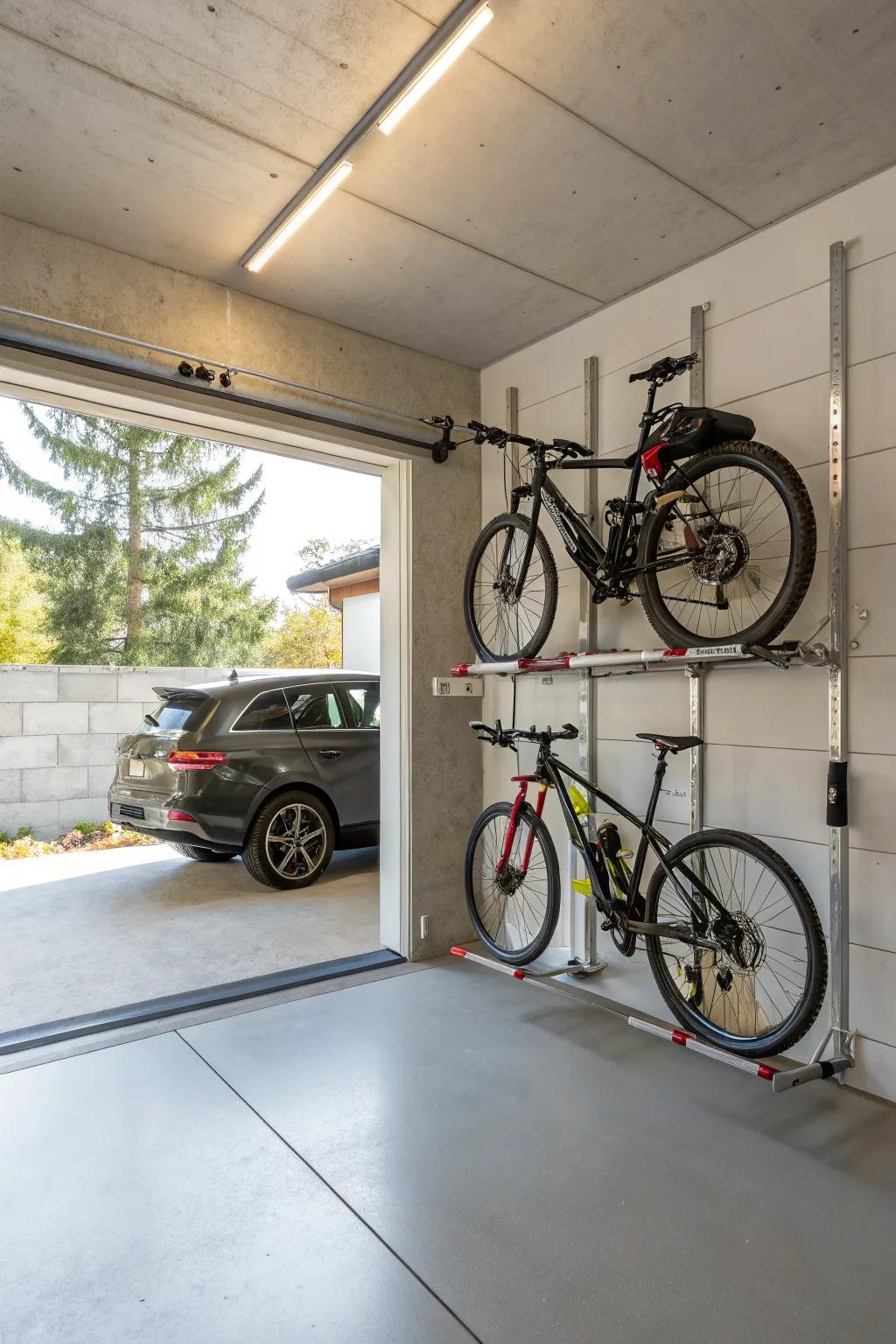 Wall-mounted storage keeps items off the floor.