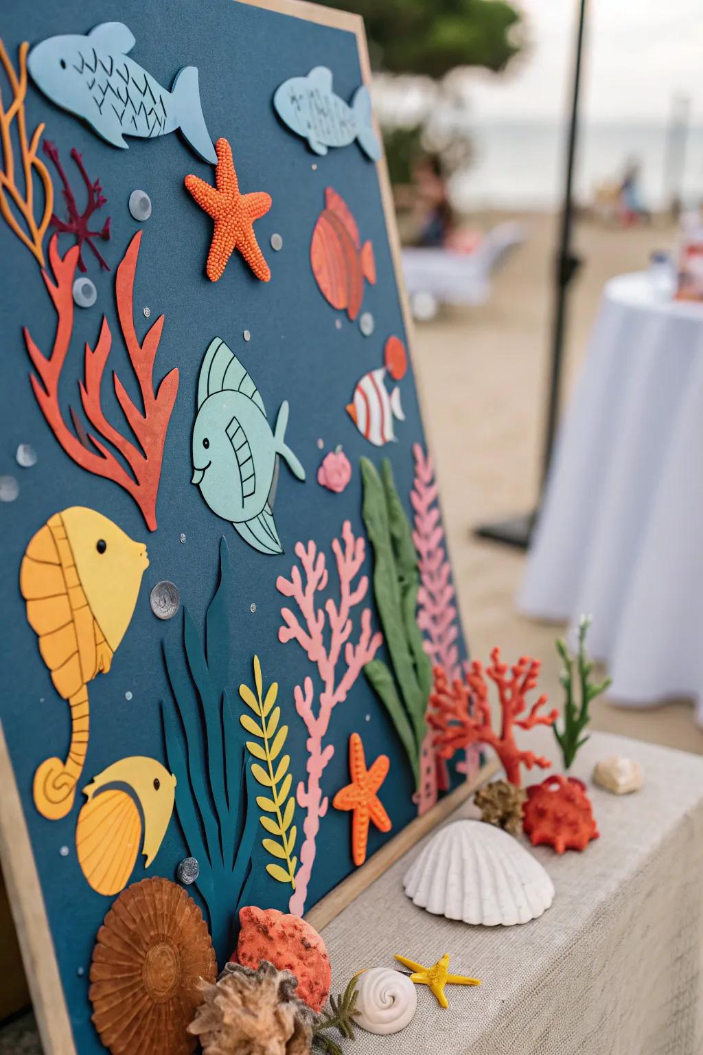 An oceanic journey-themed board with marine creatures and coral.