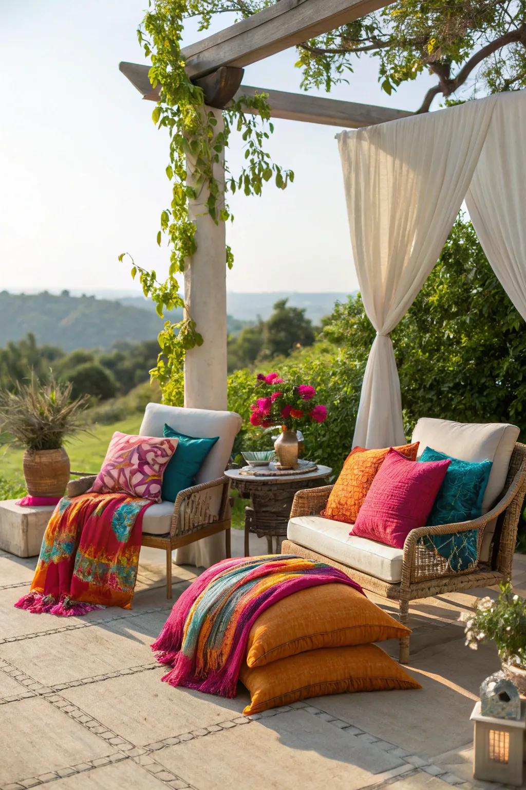 An outdoor seating area with bright cushions and throws.