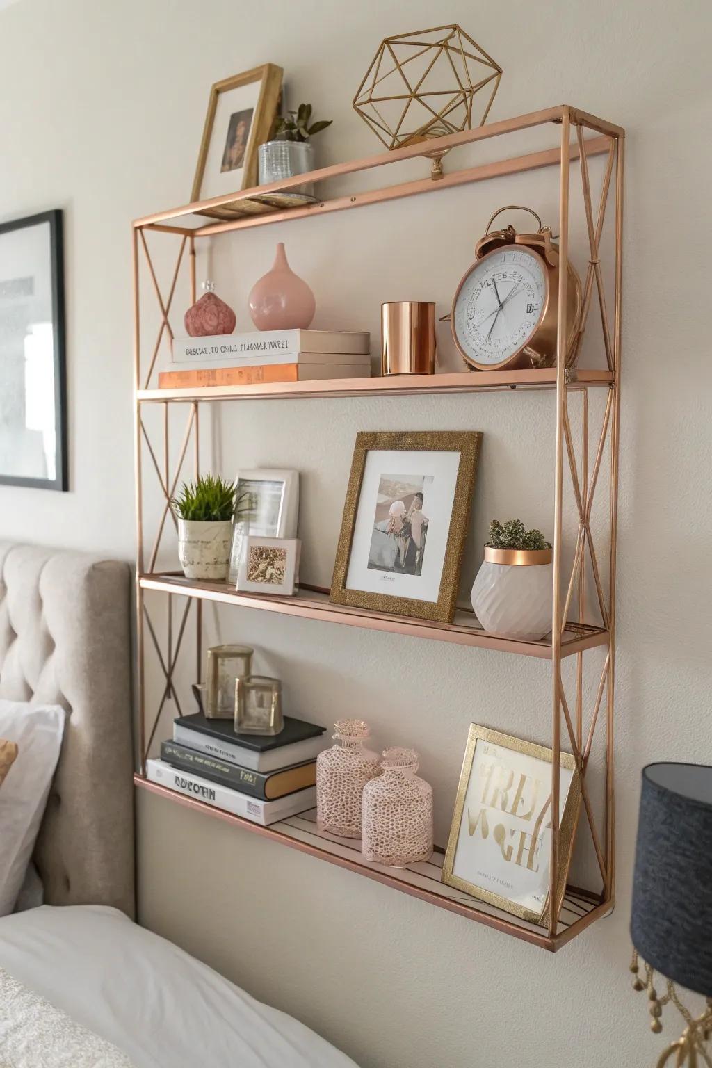 Rose gold floating shelves offer stylish and functional storage.