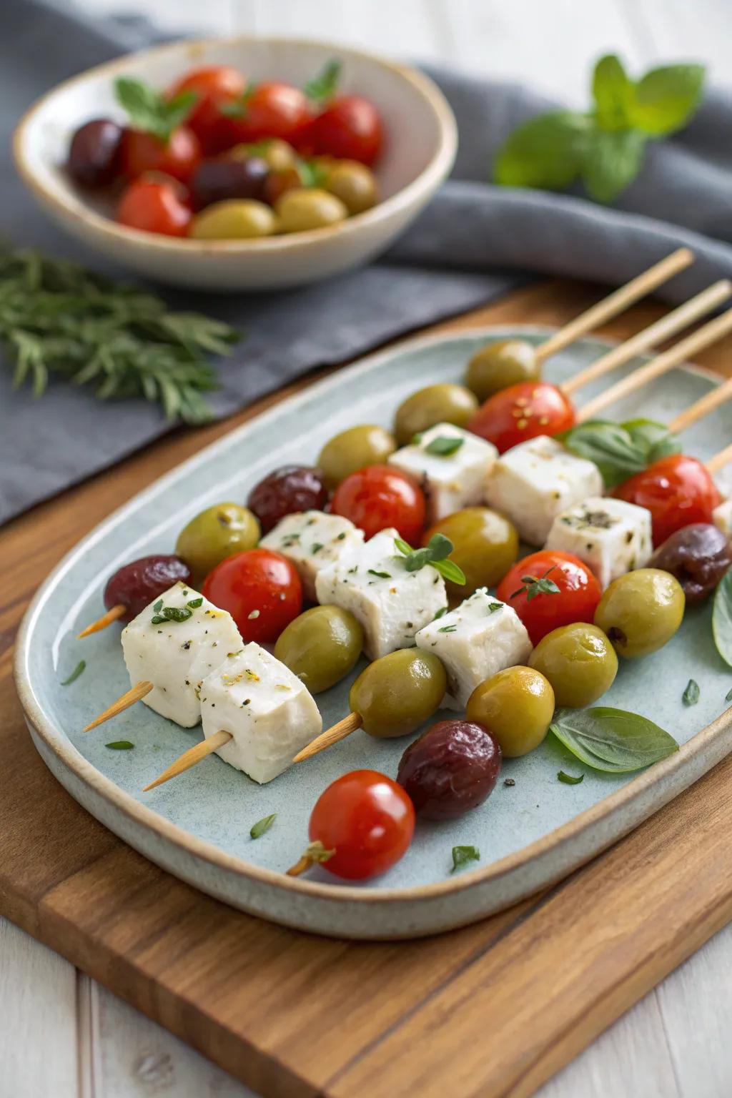 Festive olive and cheese skewers for a quick and tasty snack.