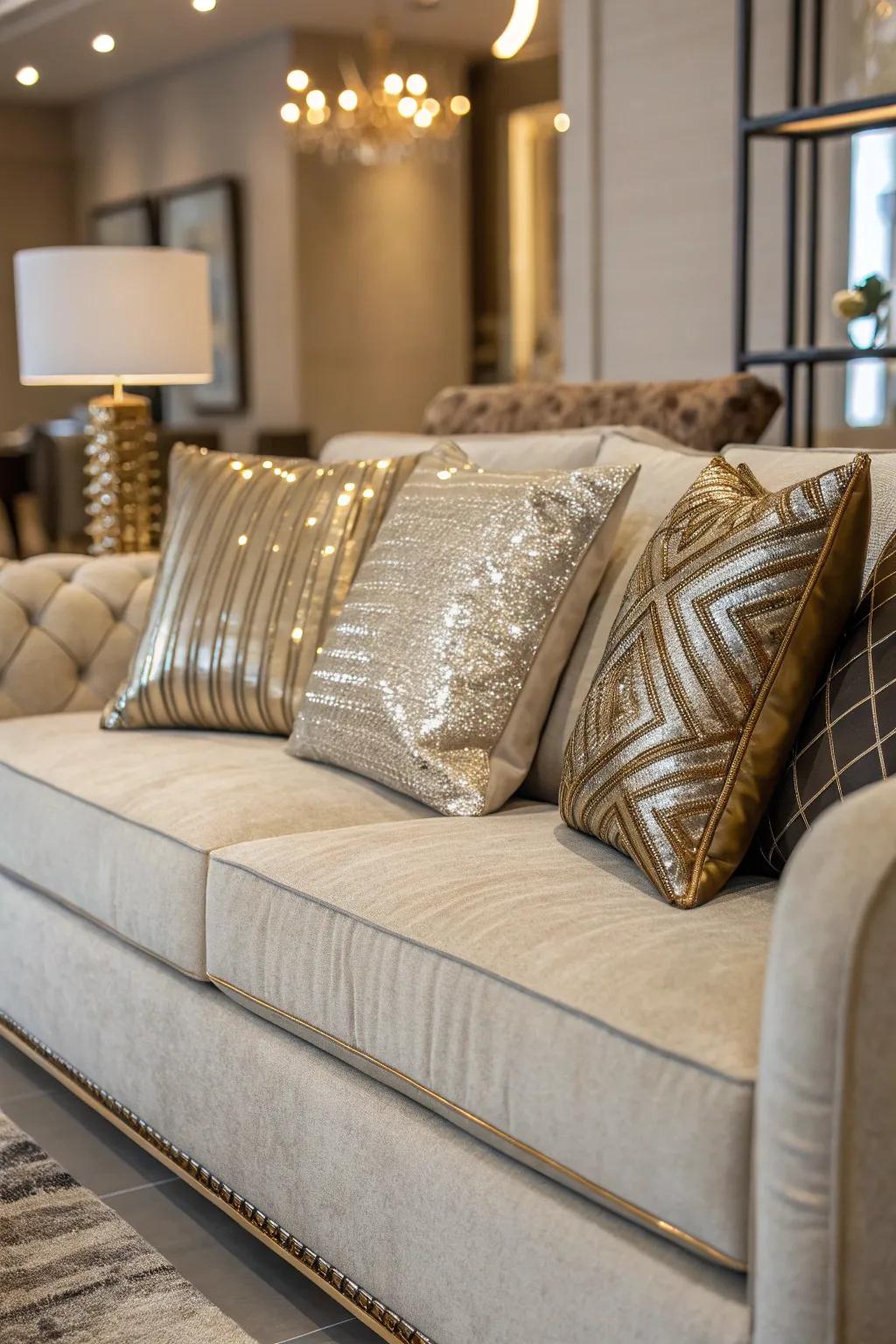 Glamorous metallic accents on throw pillows for a touch of luxury.