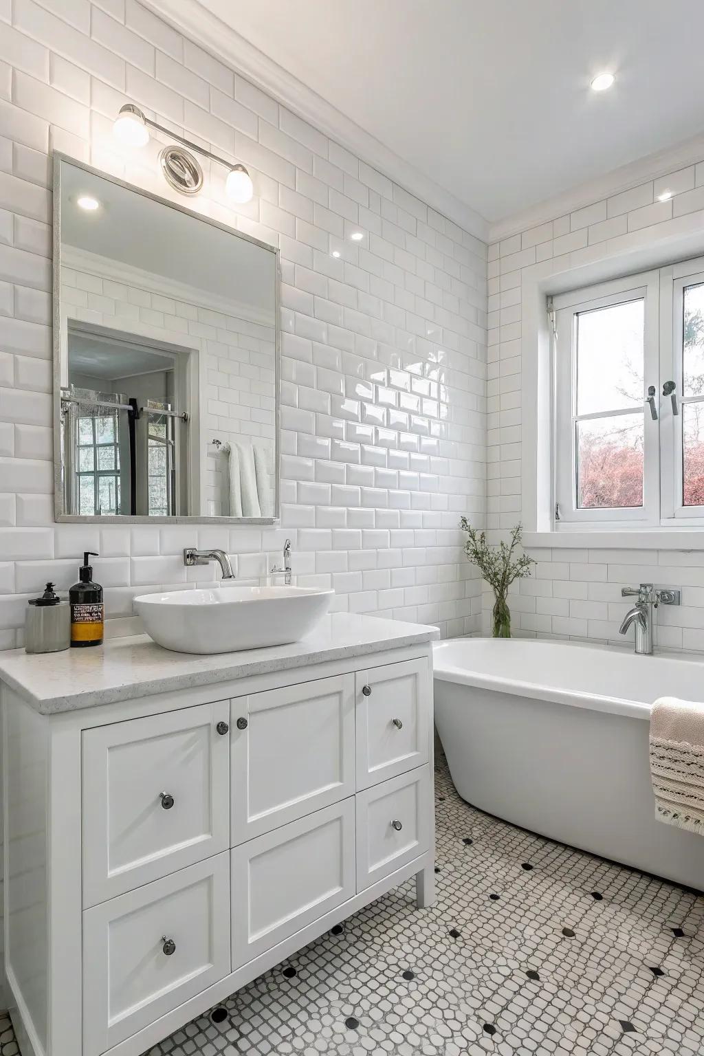 A white bathroom showcasing various shades of white, creating a sophisticated monochrome effect.