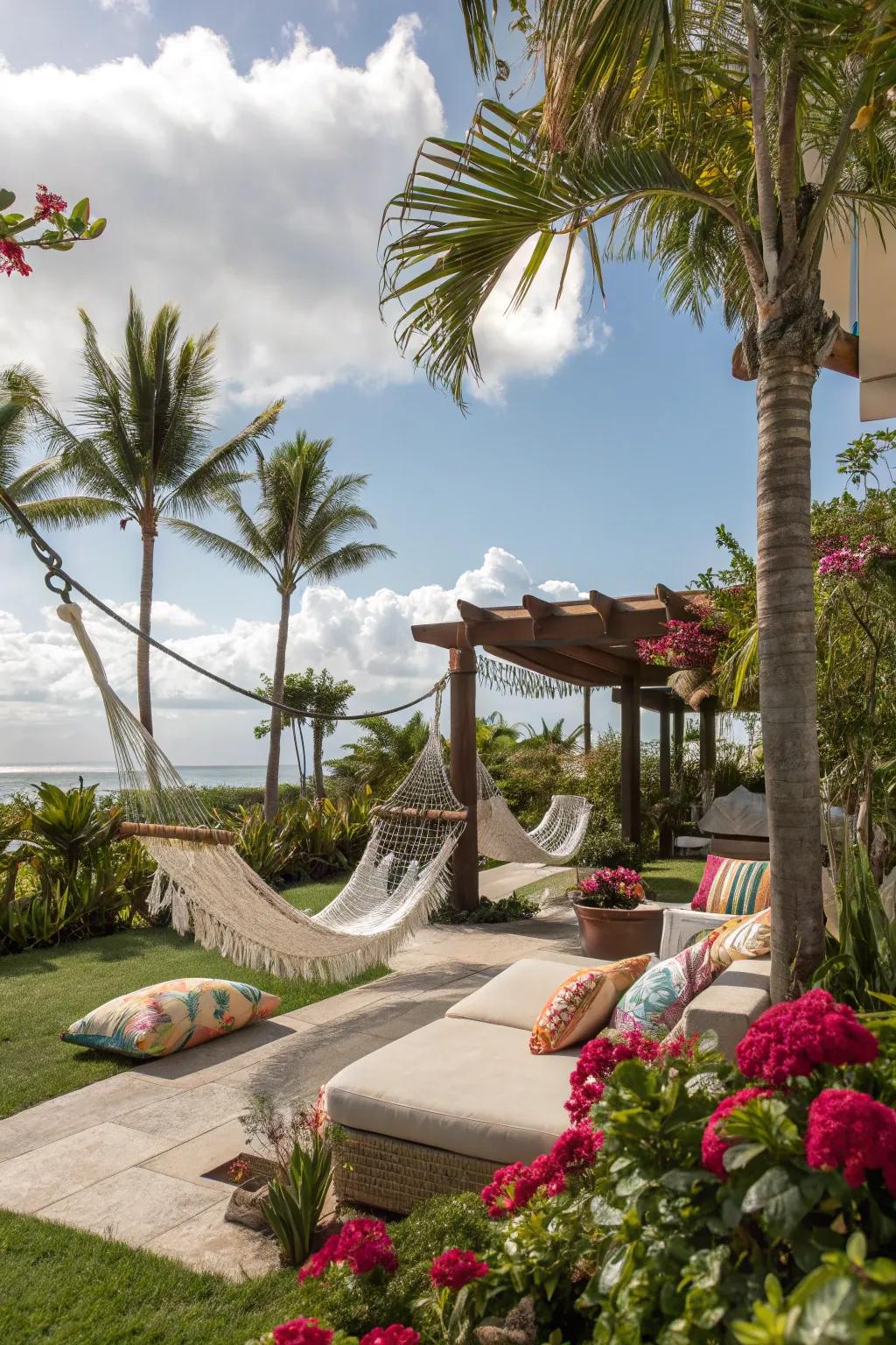 Hammocks offer a perfect relaxation spot.