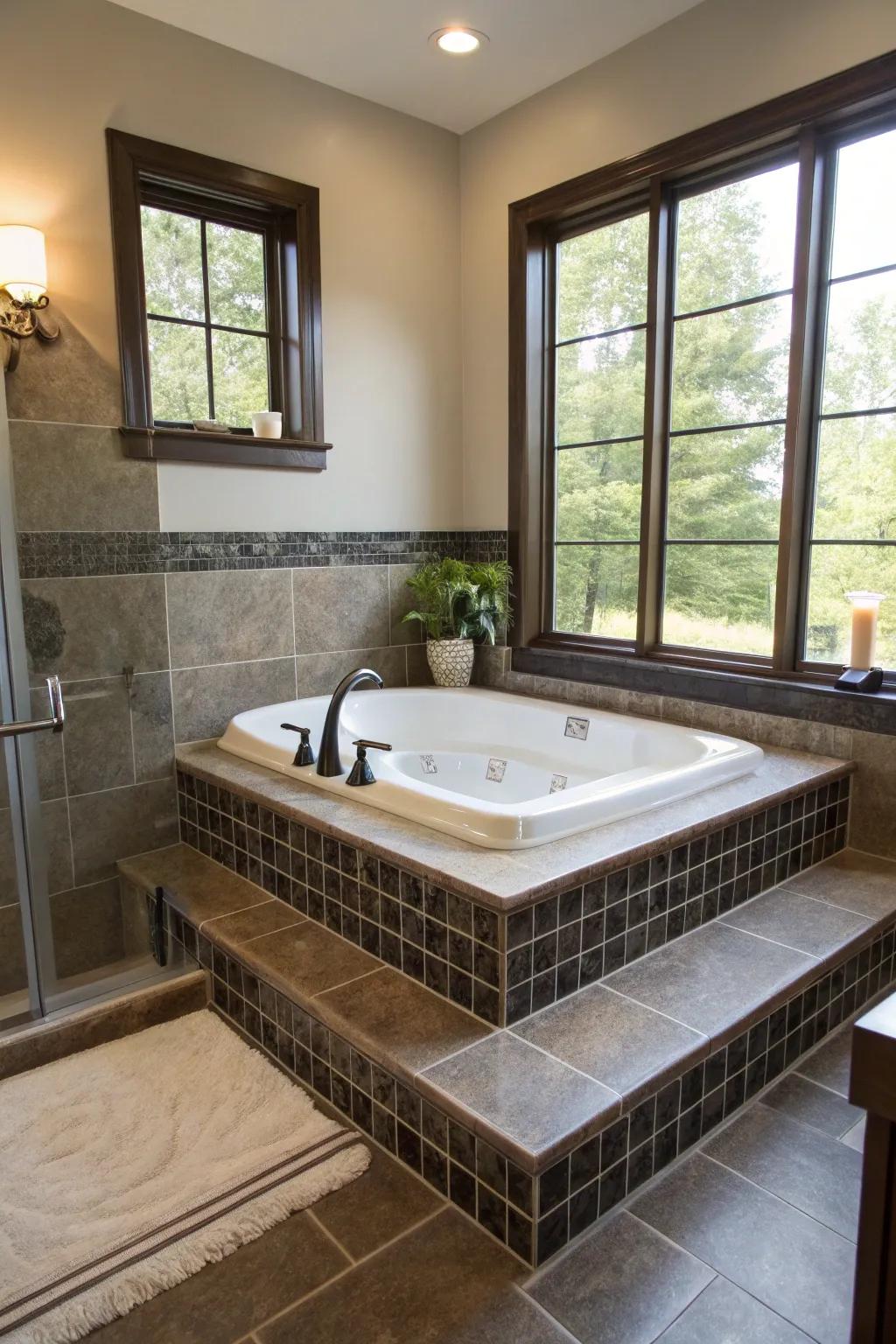 A raised platform elevates the tub, creating a grand focal point.