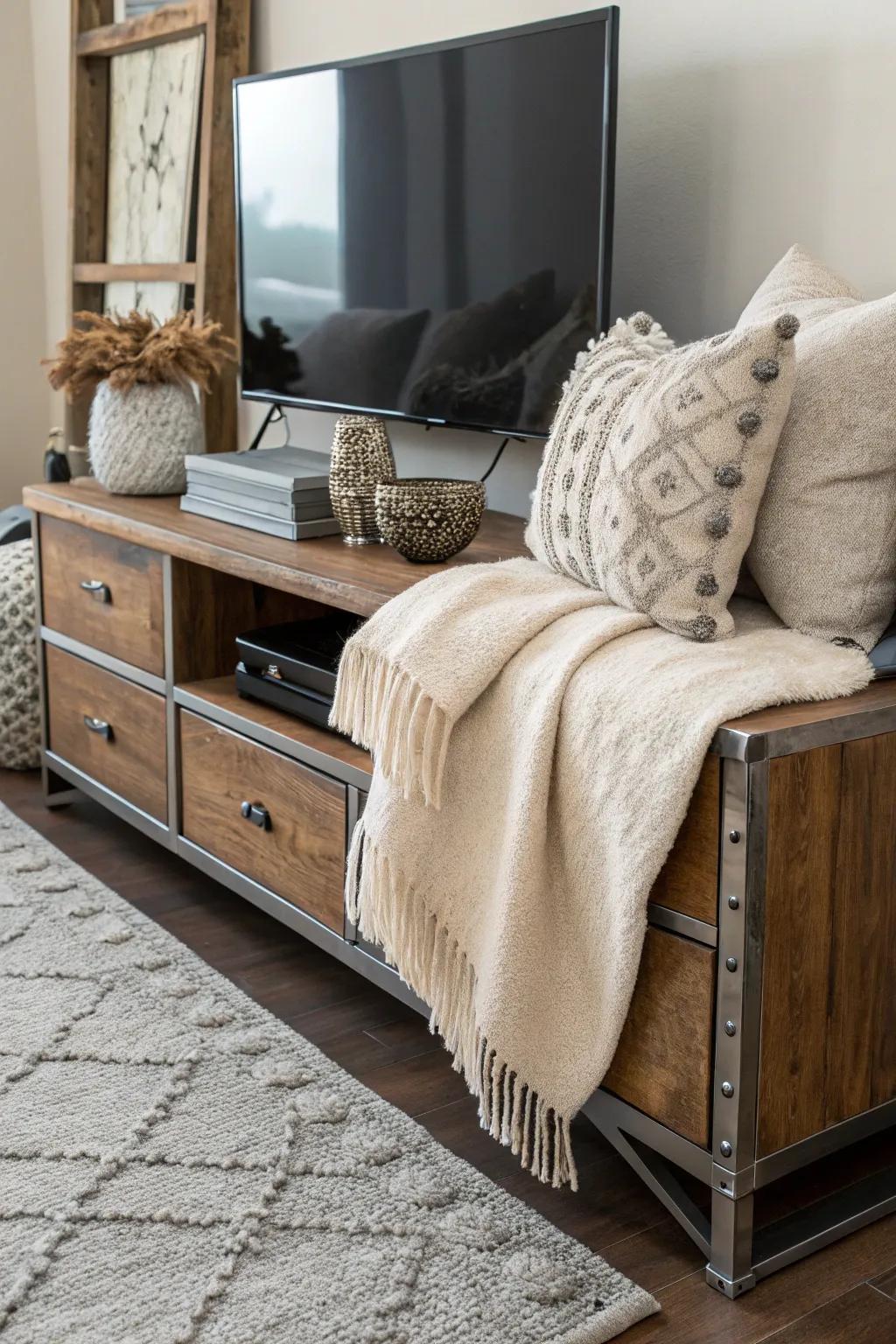 Textural variety with mixed materials on a TV console.