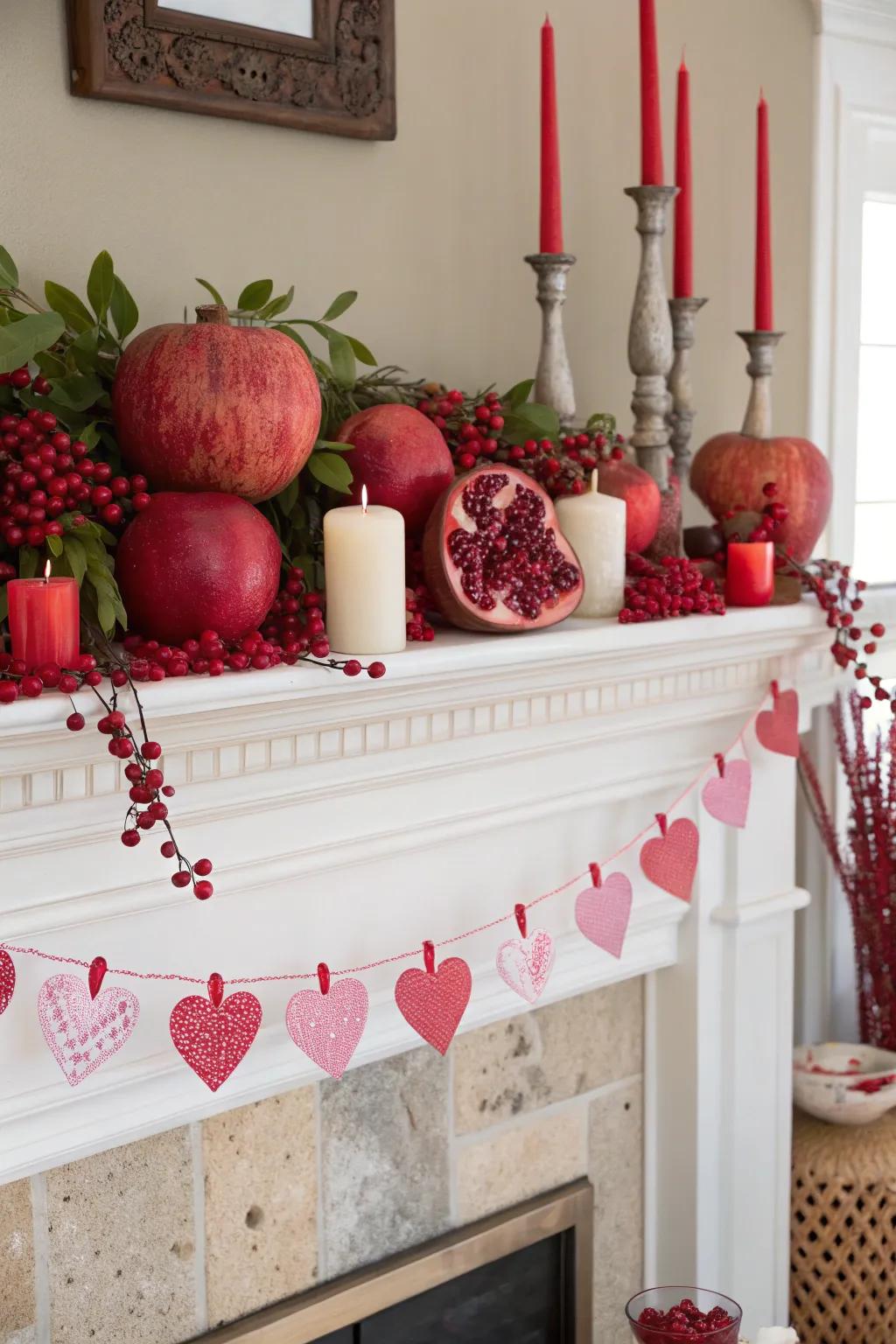 Seasonal fruits add a natural pop of color to the mantel.