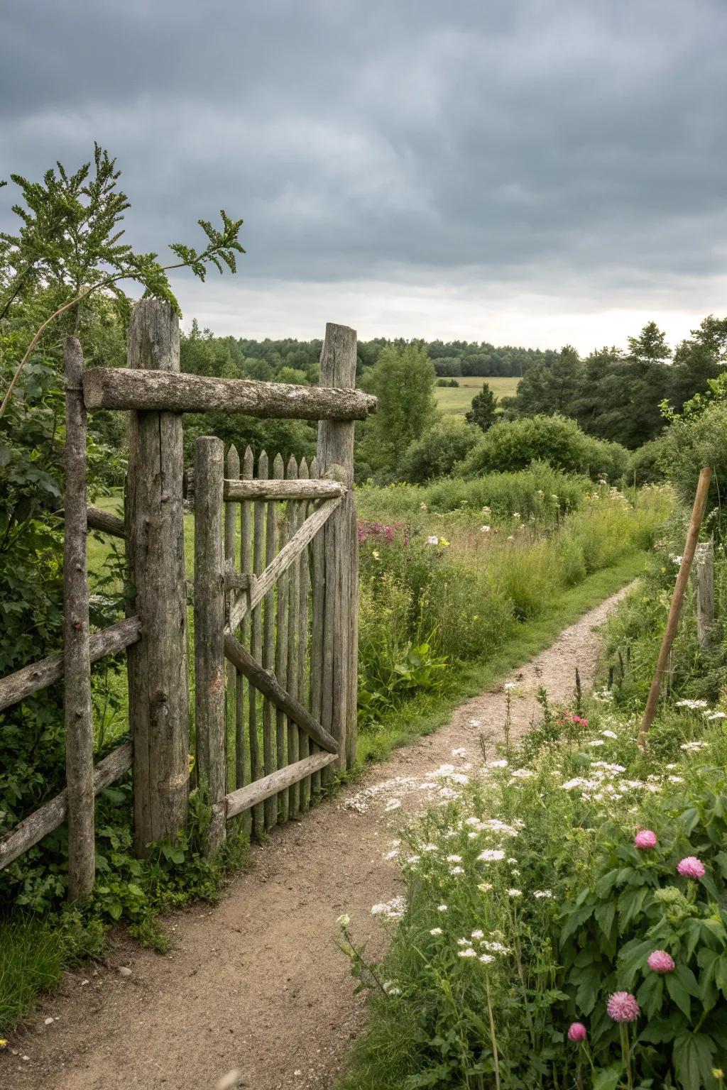 A rustic gate constructed from natural cut logs.