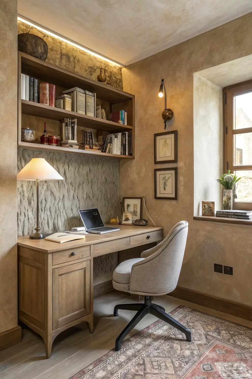 Get inspired with a sophisticated study nook using Venetian plaster.