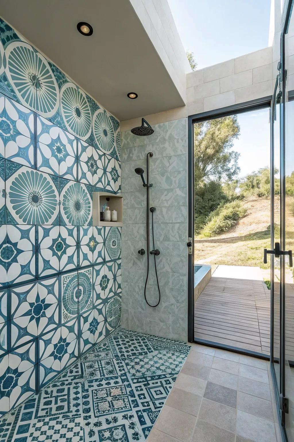 Patterned tiles create a striking and artistic display.