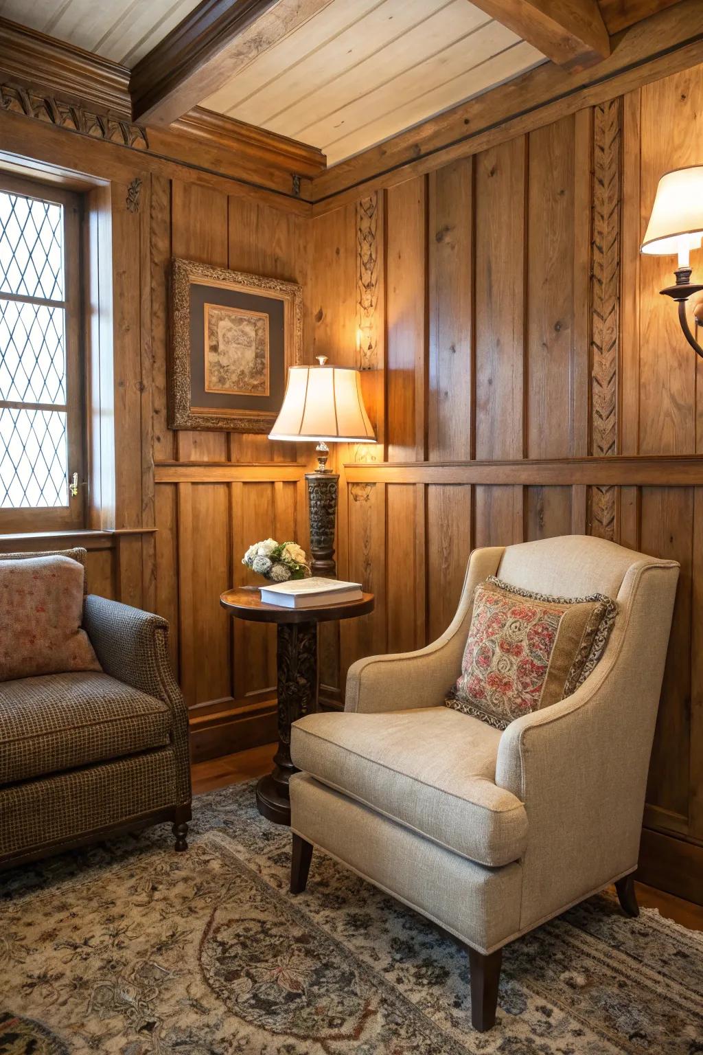 Create inviting spaces with wooden paneling.