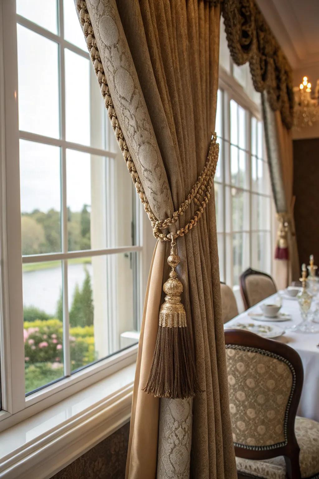 Stylish tassels and curtain ties contribute sophistication to these curtain treatments.