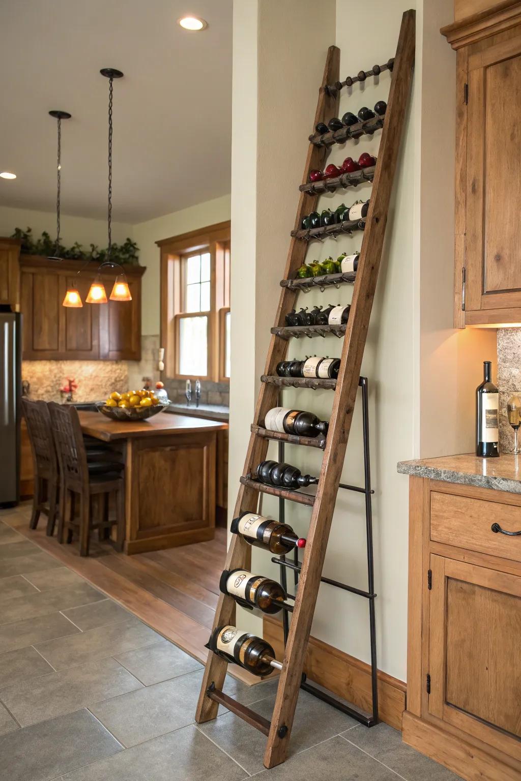 A ladder display enhances wine storage with height and drama.