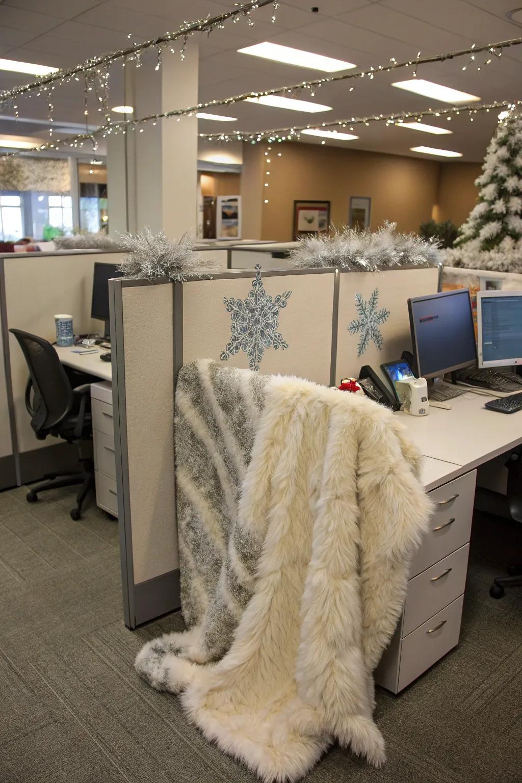 A winter-themed cubicle makeover adds a surprising and delightful touch to personal workspaces.