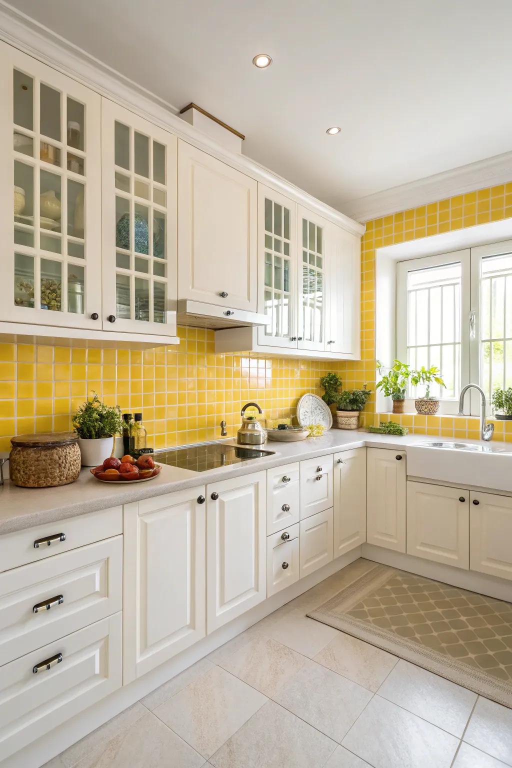 White cabinets balance the bright yellow backsplash.