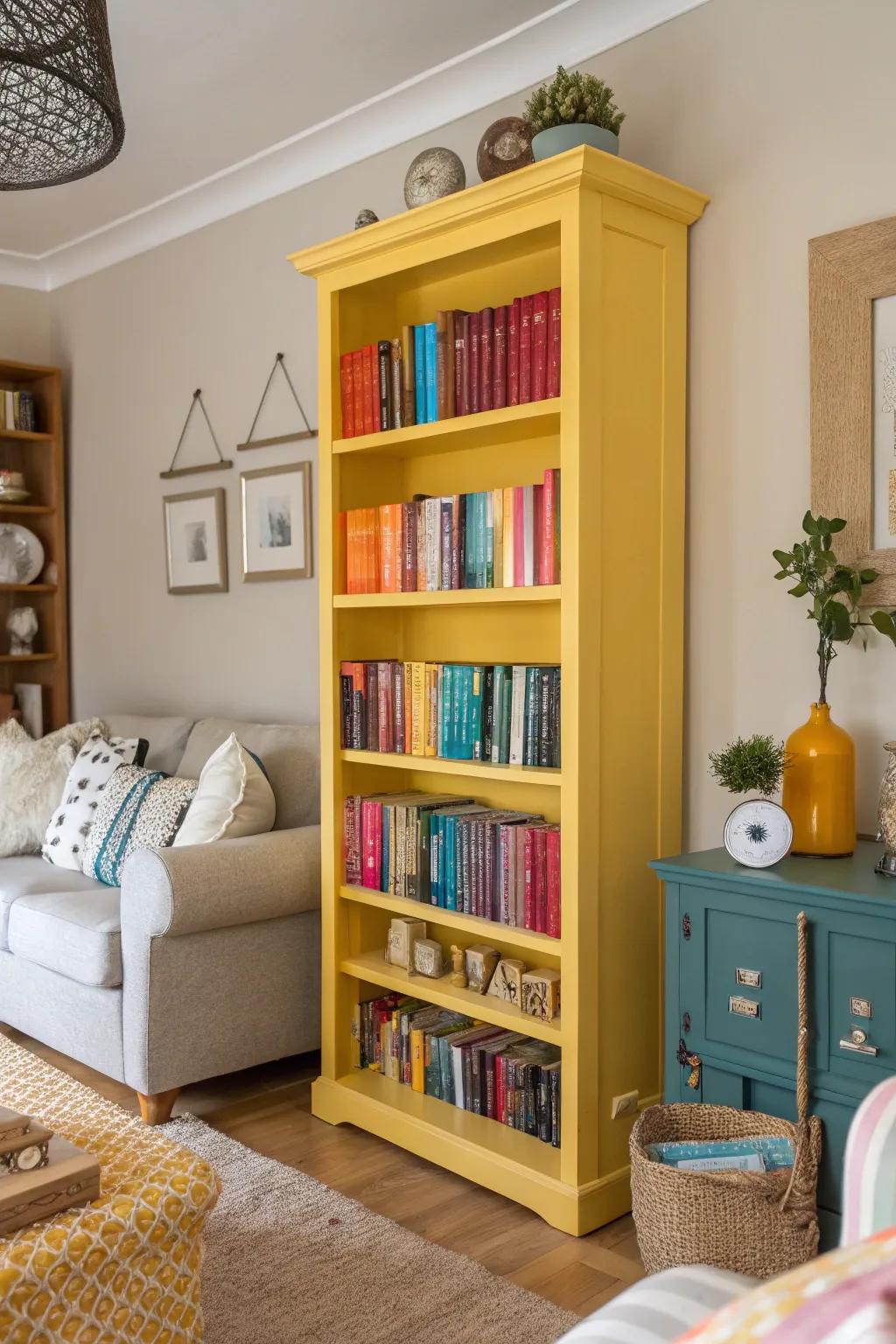 A vibrant living room with a yellow bookshelf.