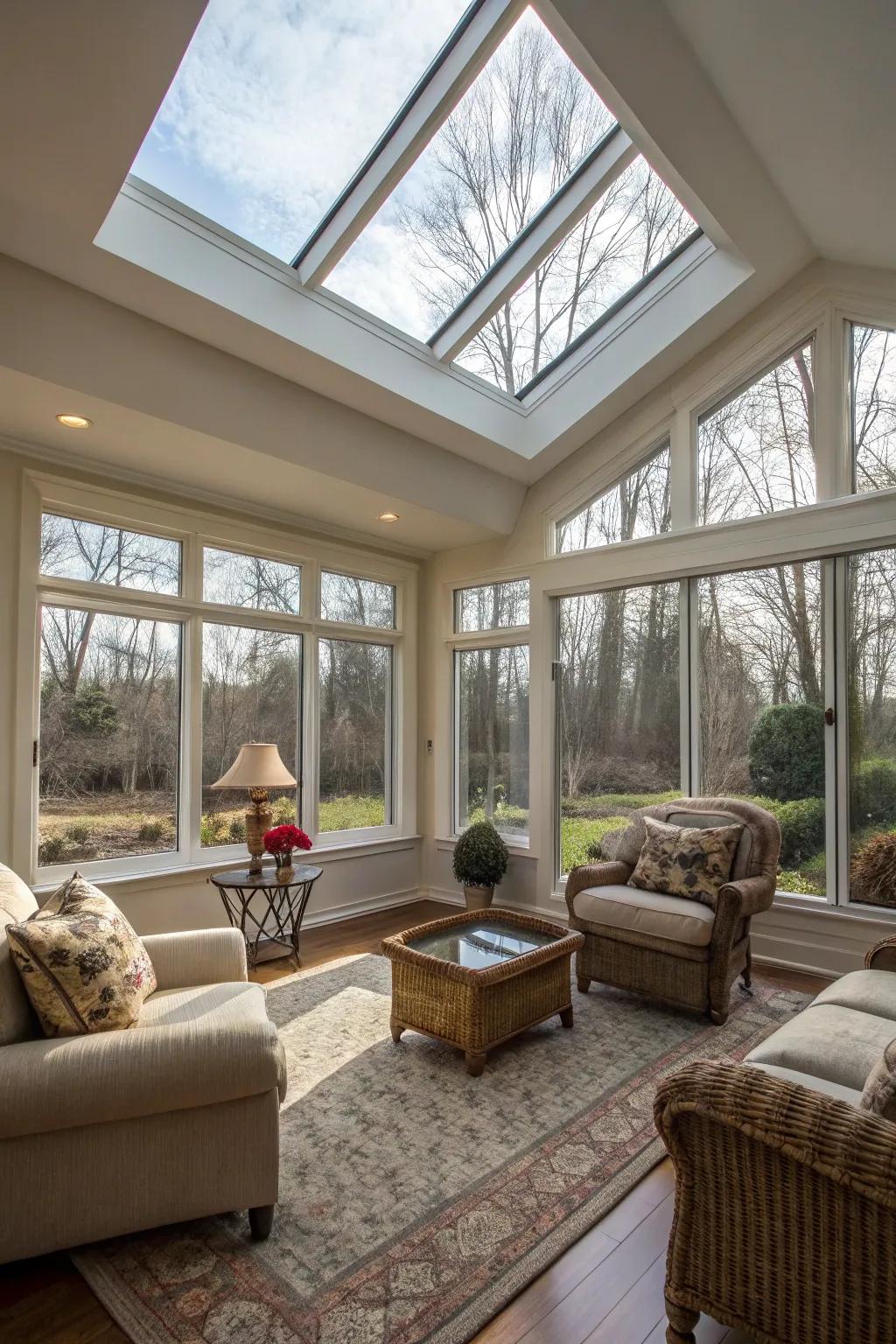 Skylights add brightness and visual interest.