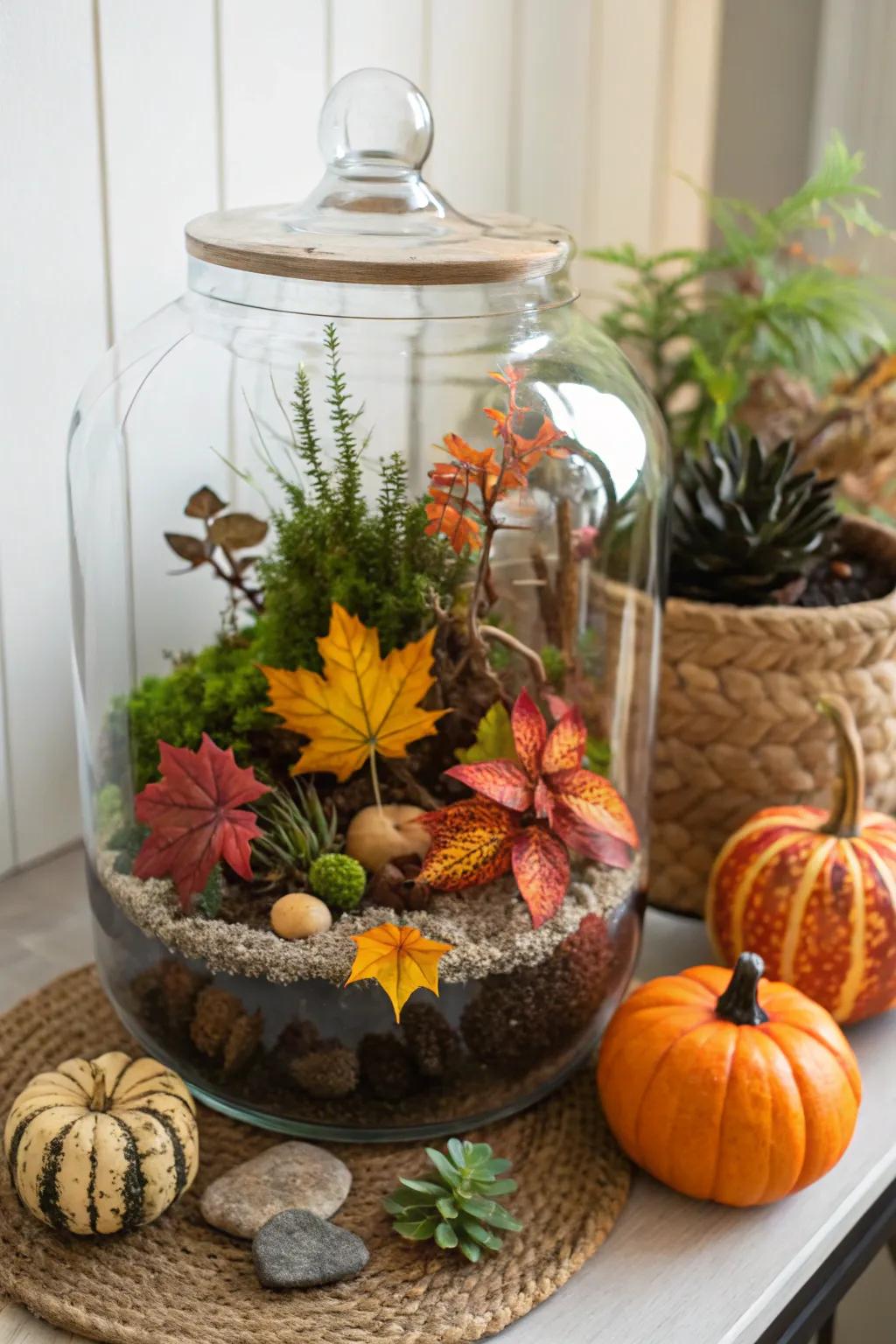 A seasonal scene terrarium showcasing the beauty of fall.