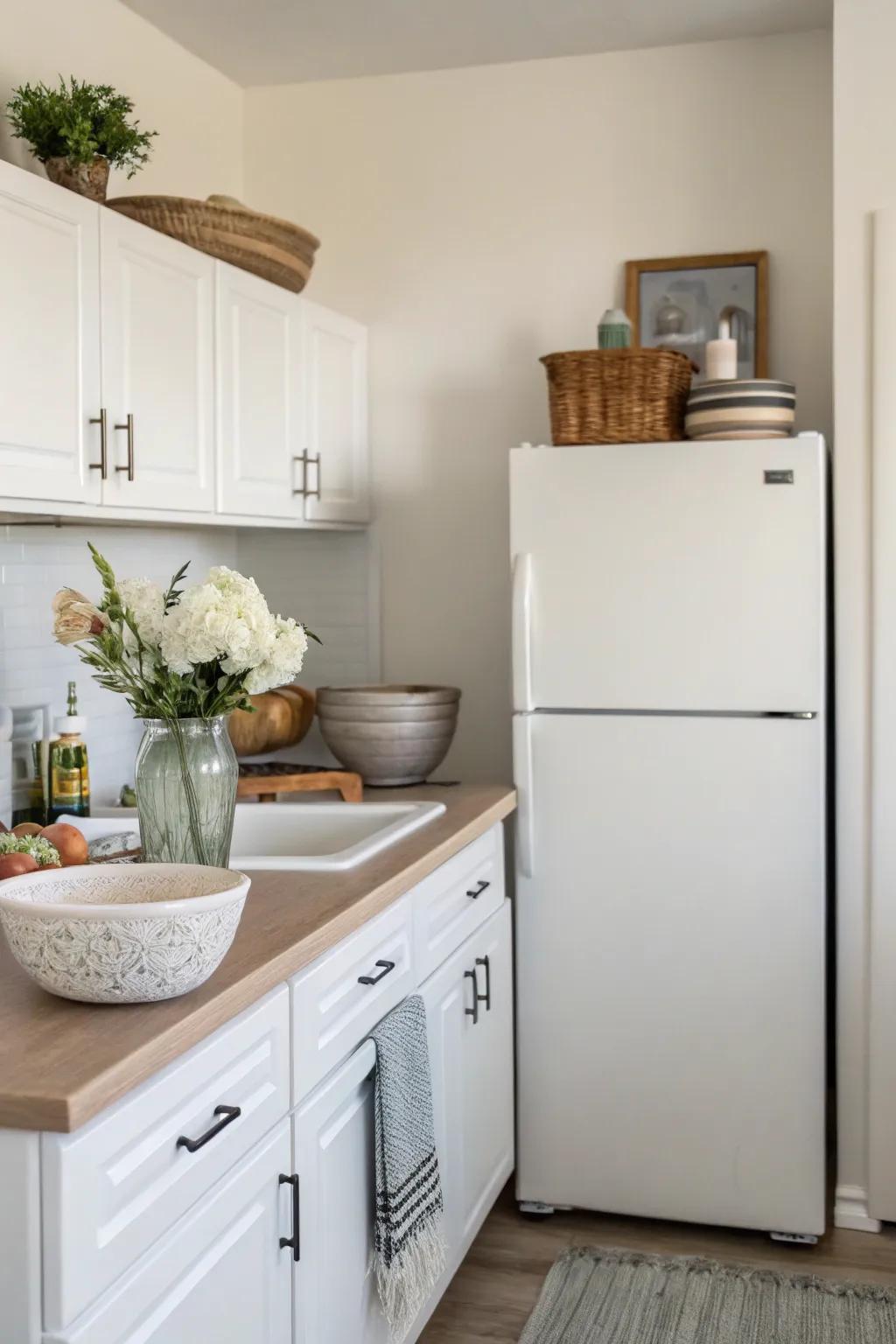 Minimalist decor creates a peaceful zen space above the fridge.