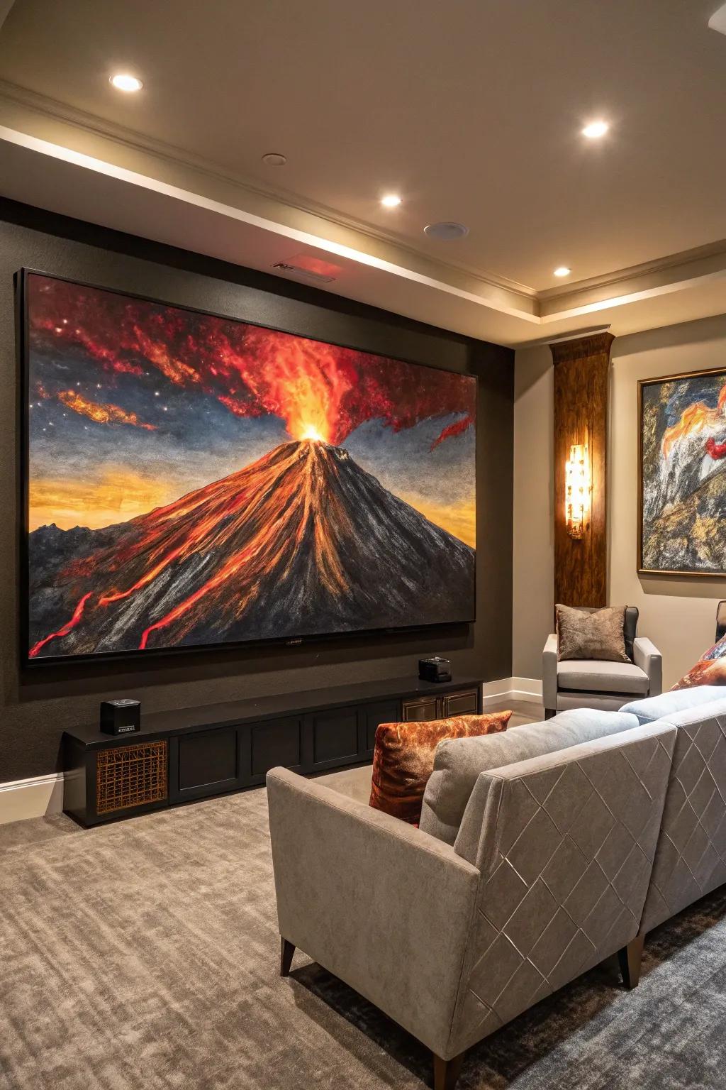 Eruptive volcano painting igniting energy in the entertainment space