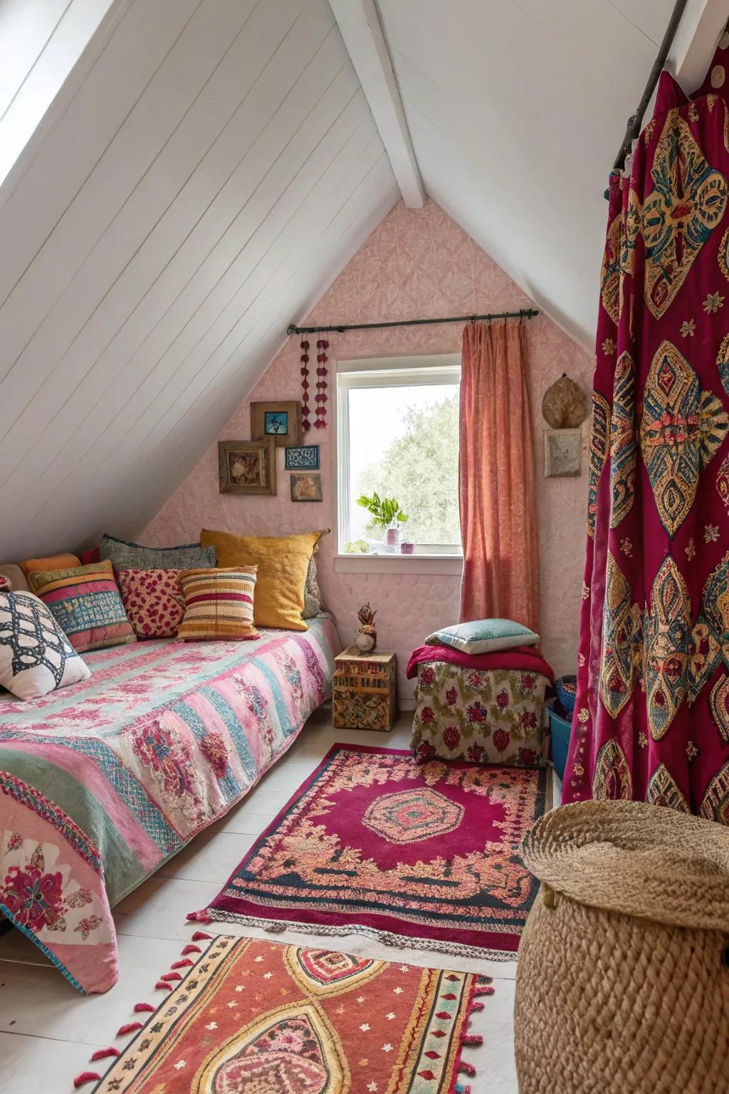 Daring prints contribute energy and vibrancy to your attic space.