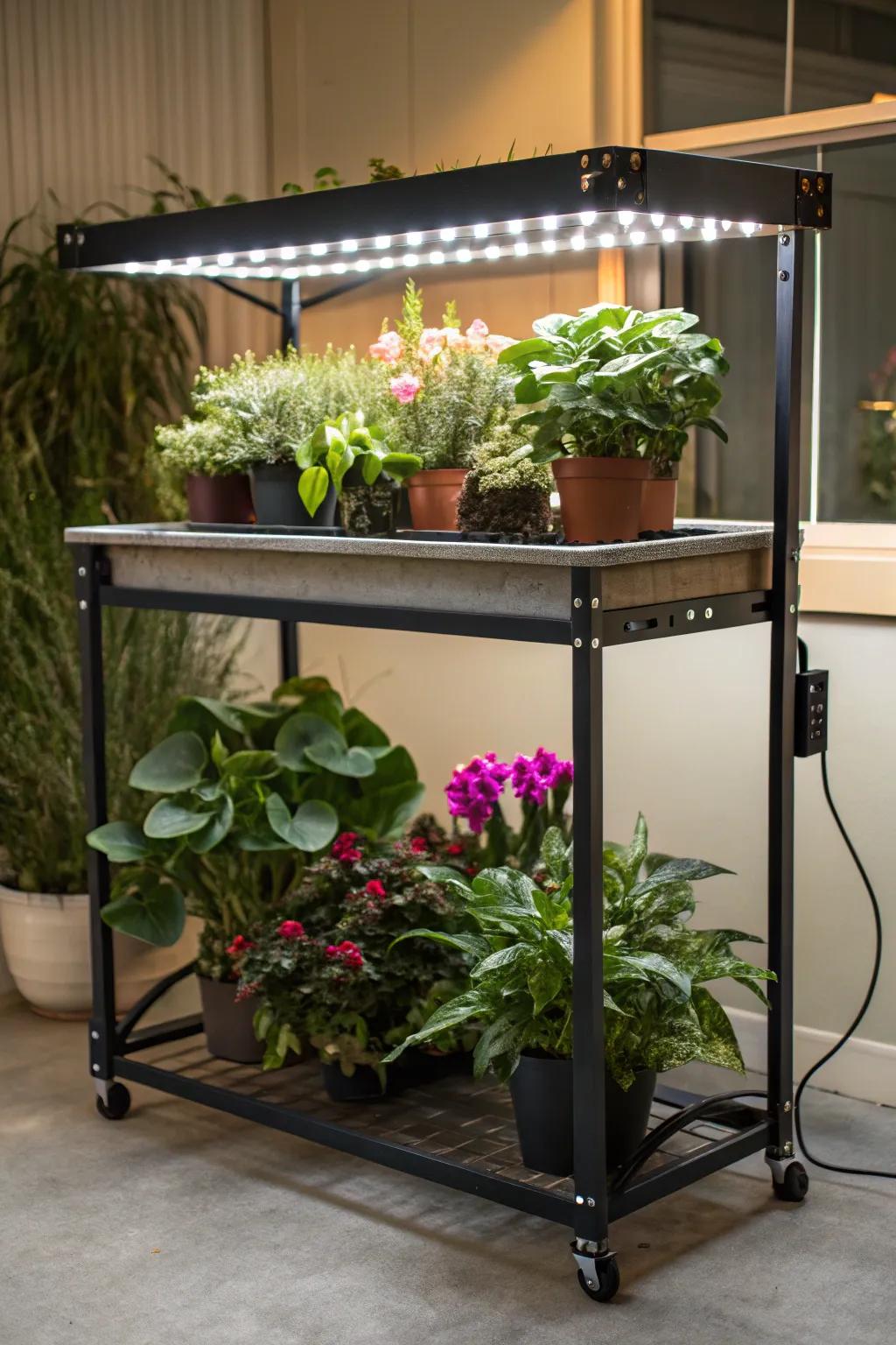 A convertible table with hidden grow lights for a practical plant display.