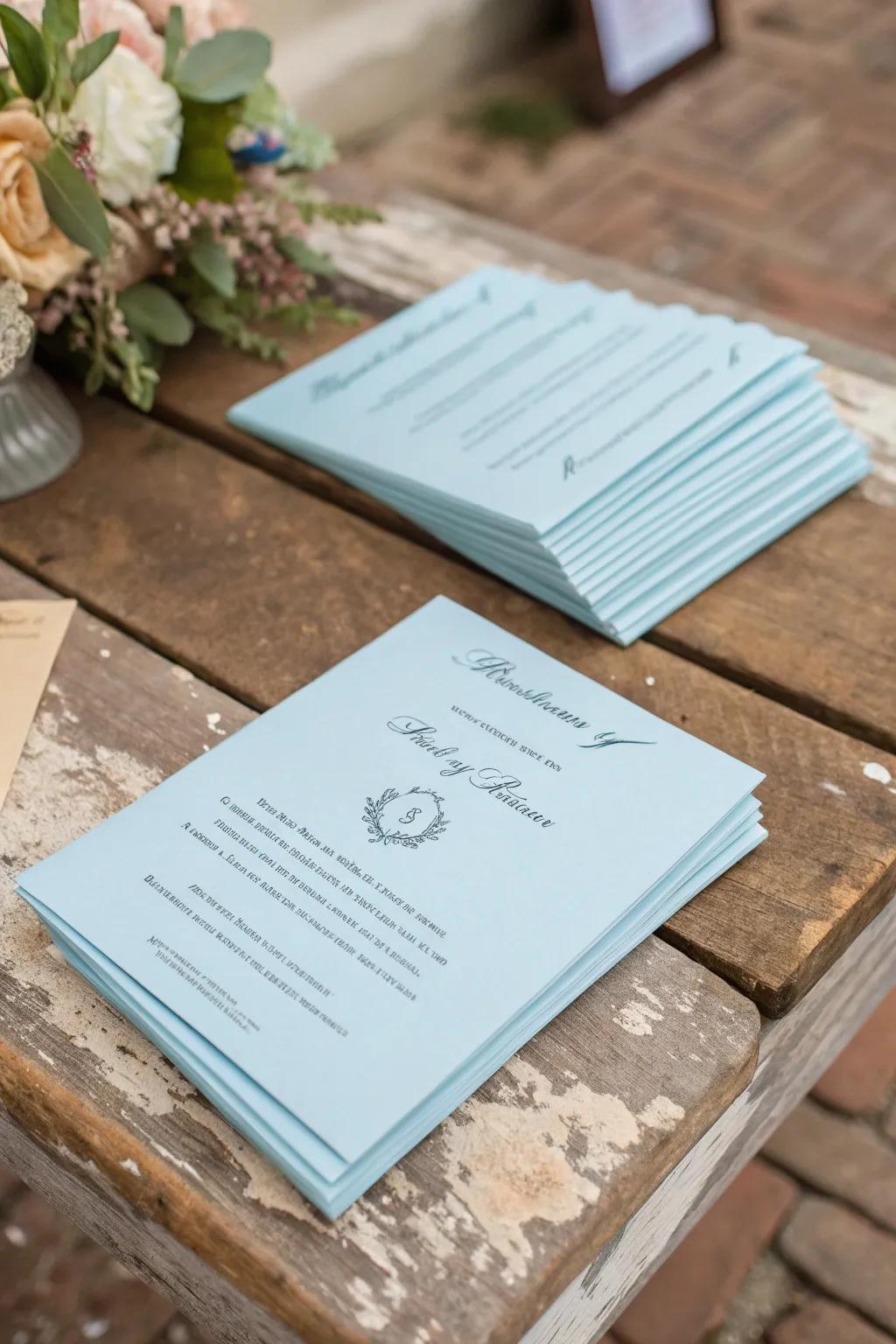 Baby blue ceremony programs add an elegant touch to the event.