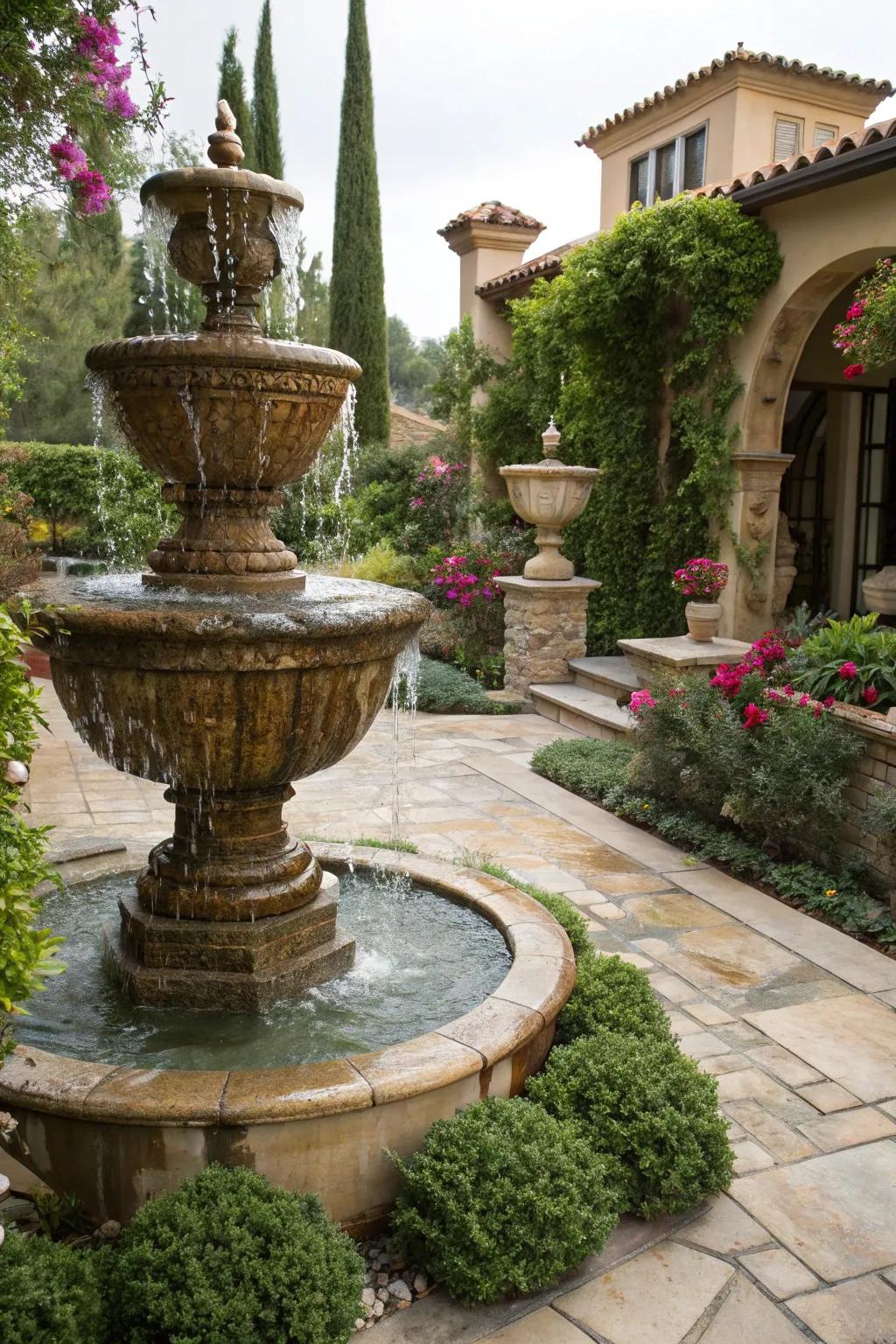 A cascading urn fountain adds Mediterranean flair to your garden.