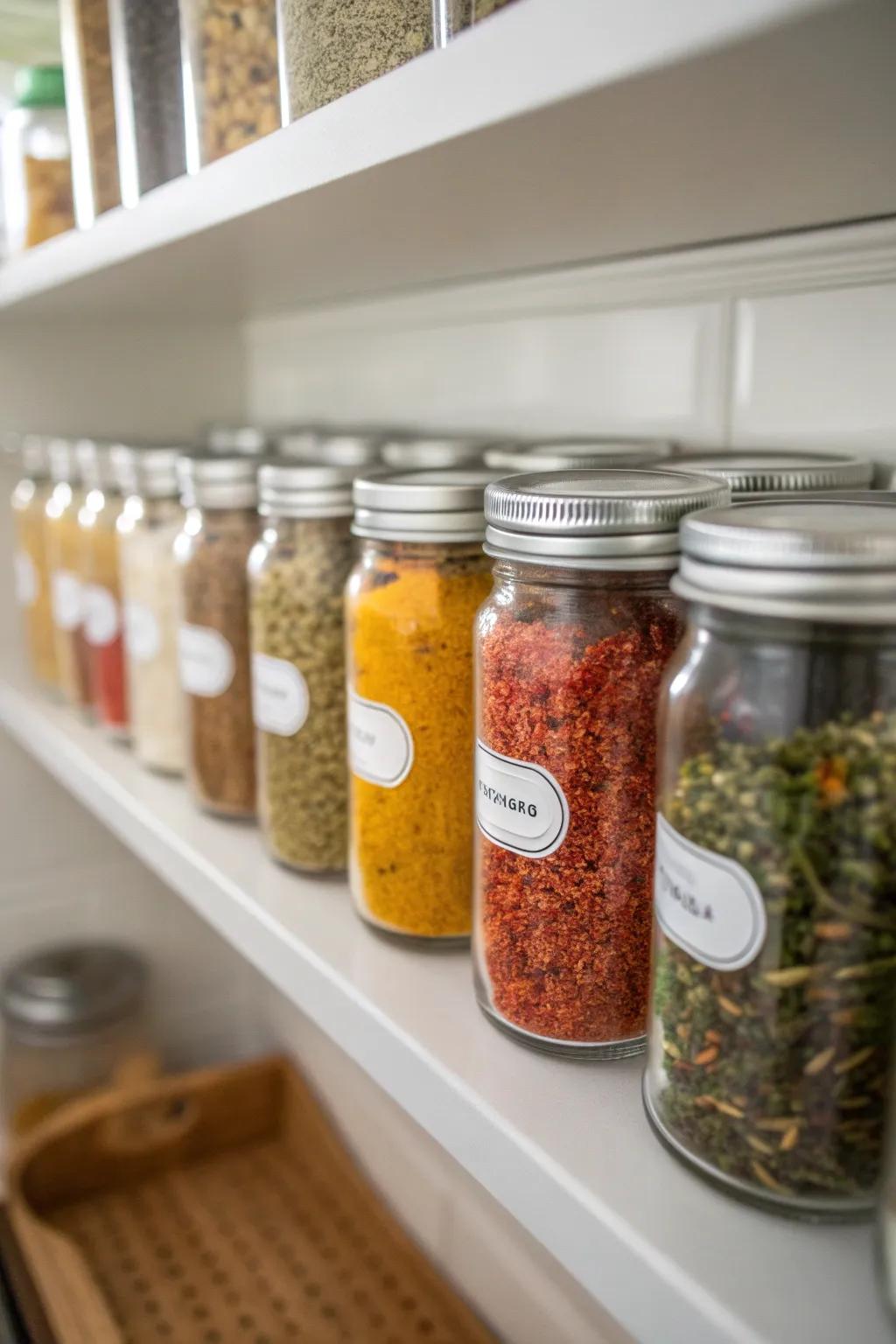 A distinctive spice ledge employing preserving jars maintains the culinary space systematized.