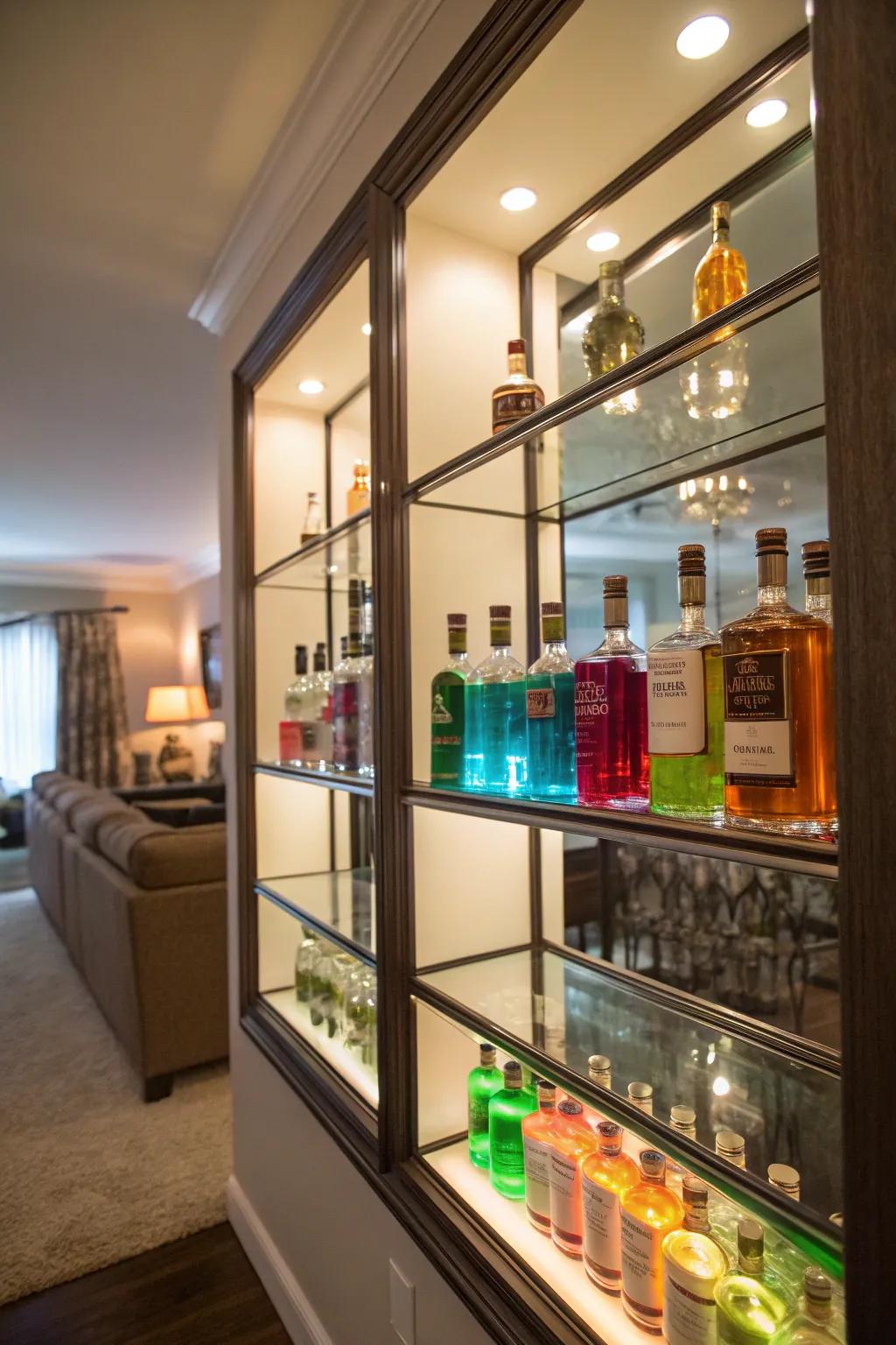 Mirrored shelves enhance light and space in your bar.