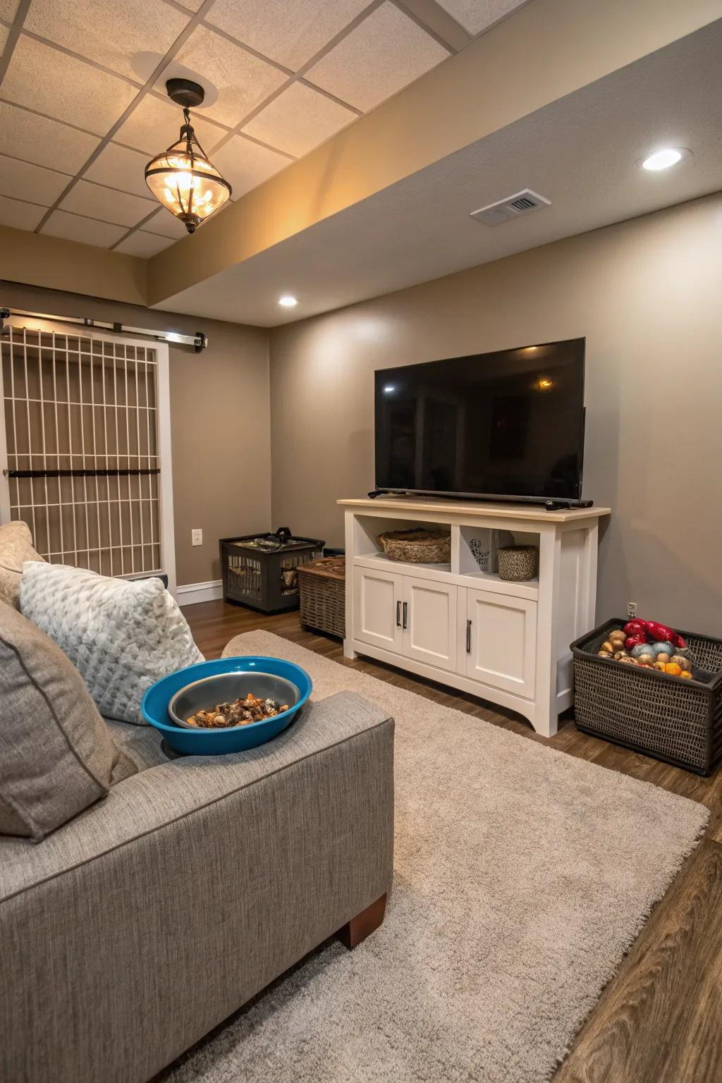 A basement TV room featuring a dedicated pet feeding area for convenience and organization.