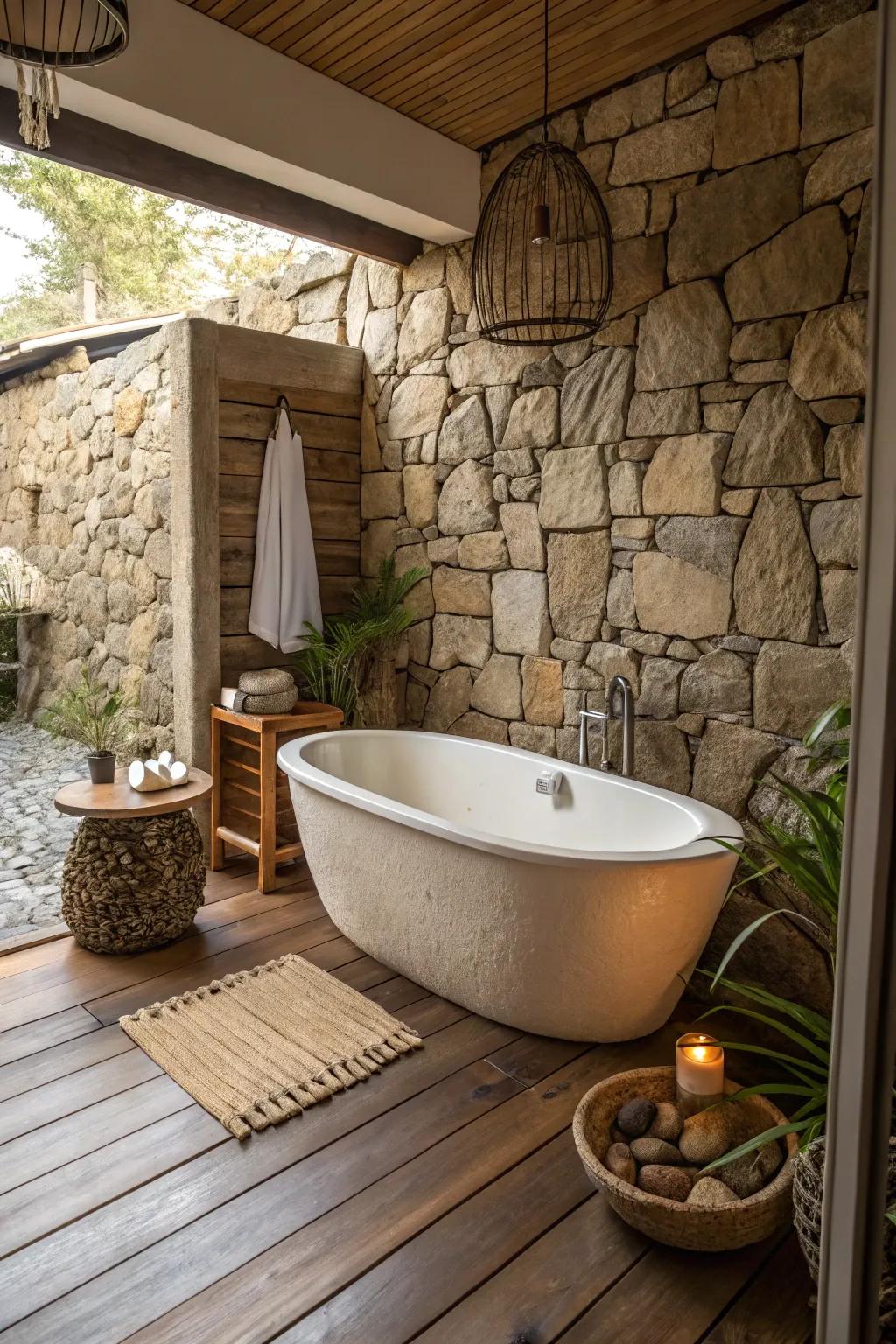 Different textures add depth and interest to this bathtub area.