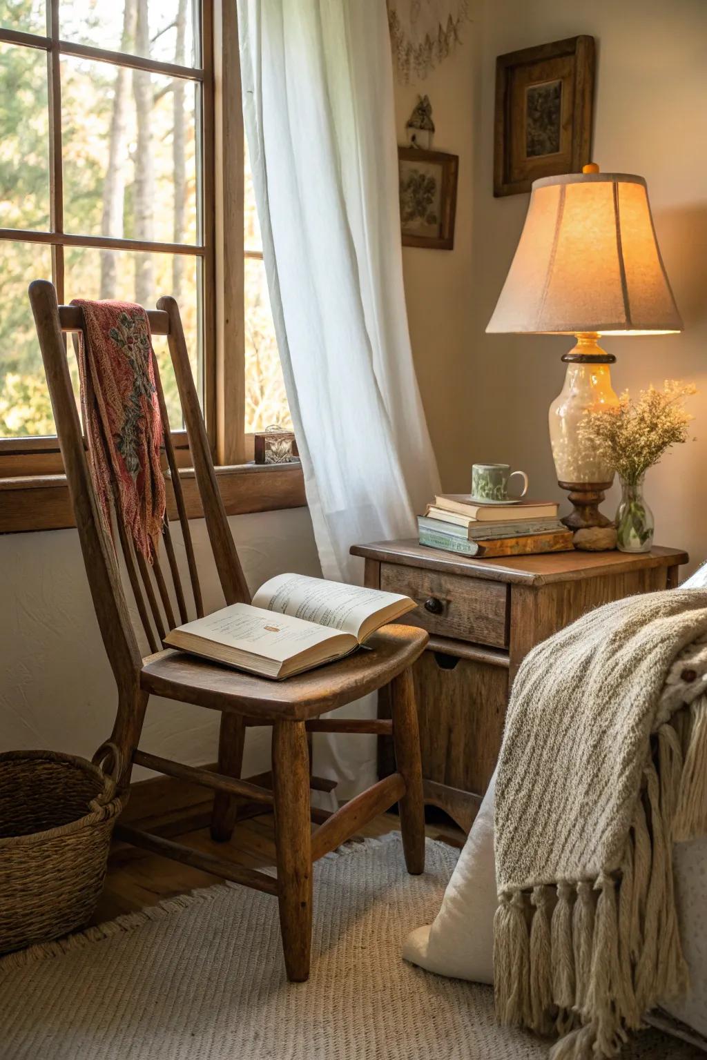 Wooden chairs offer rustic charm and warmth to any bedroom.