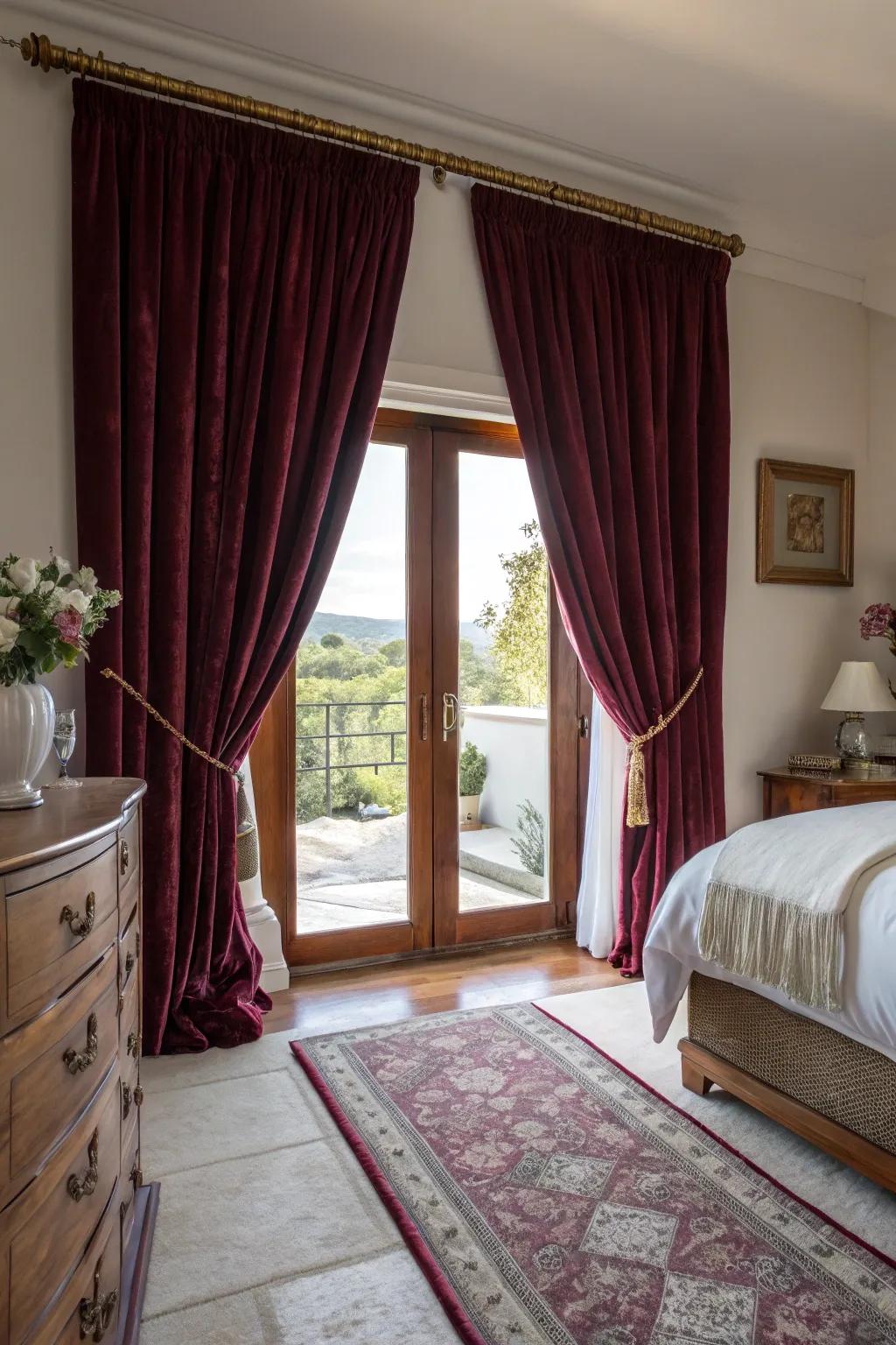 Velvet drapes add a luxurious touch to the patio doors.
