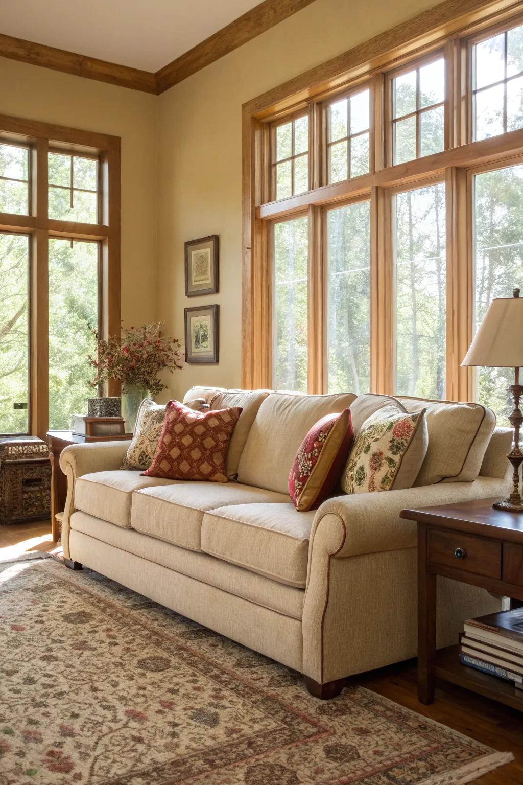 Natural light fills a welcoming living room with a beige couch.