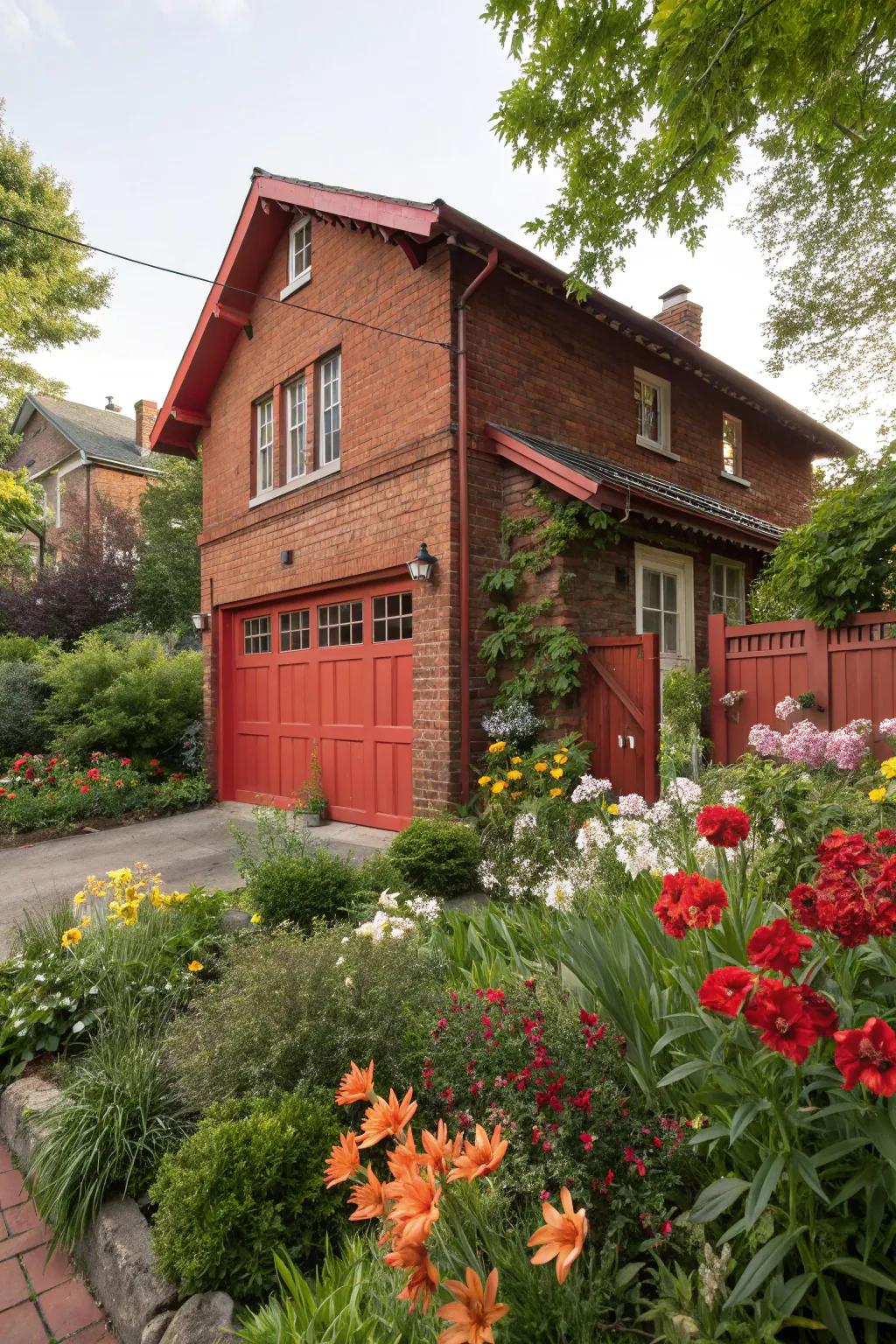 Bright red garage doors make a daring statement on red brick homes.