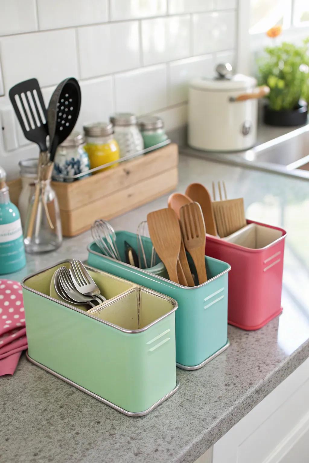 Organize kitchen essentials with tin boxes.