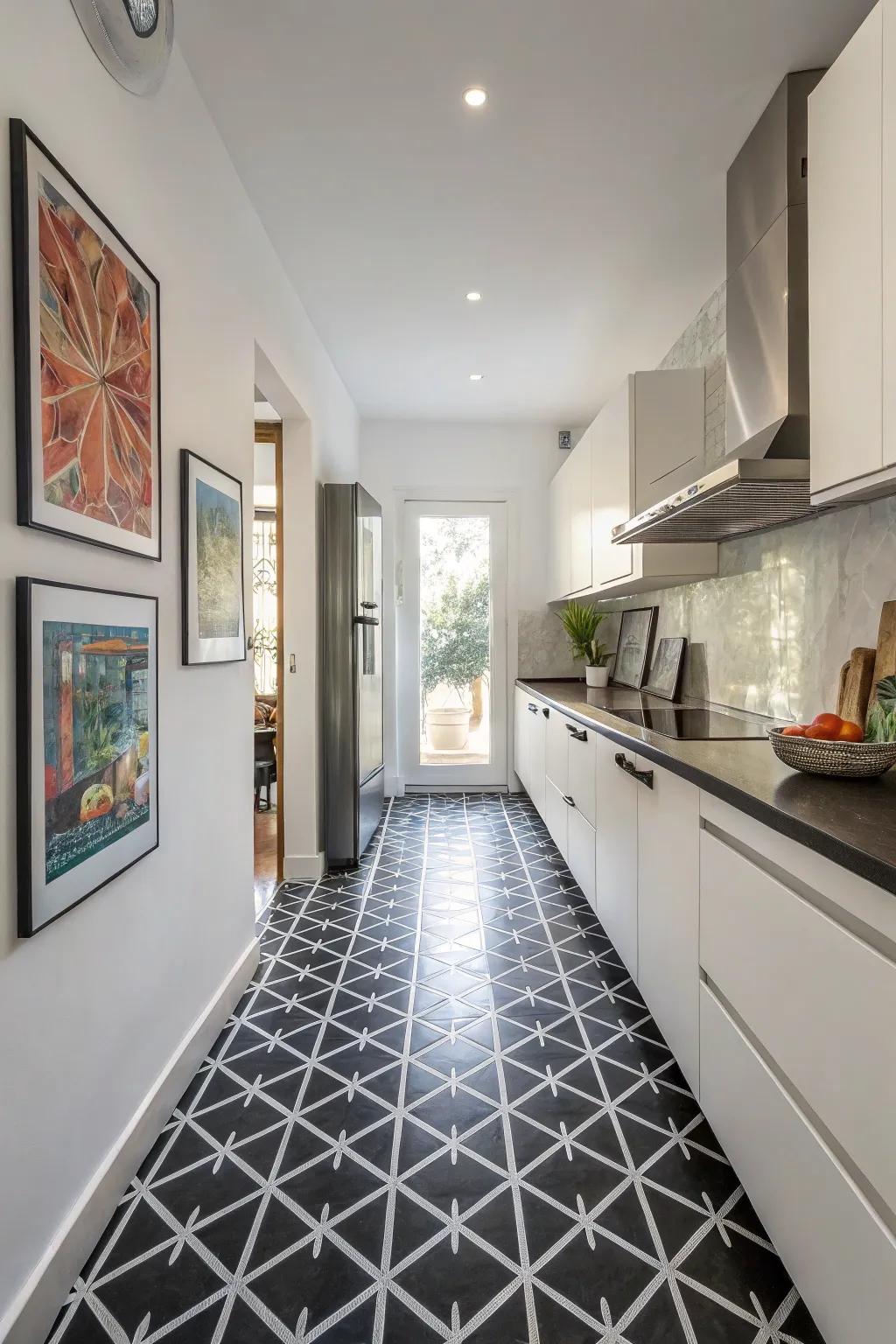 A kitchen featuring artful geometric patterns on black floor tiles.