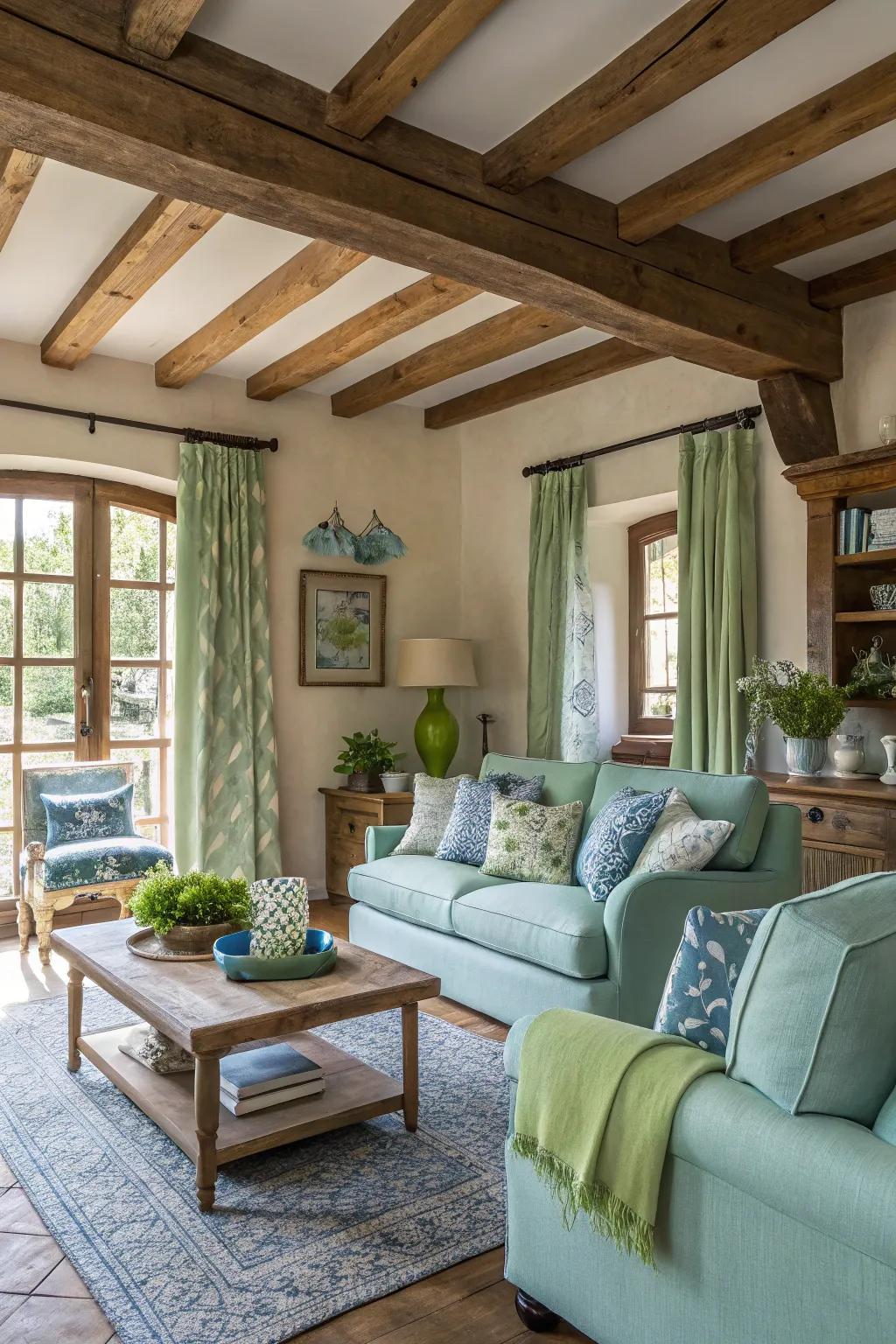 Rustic components meet refinement in azure and verdant.