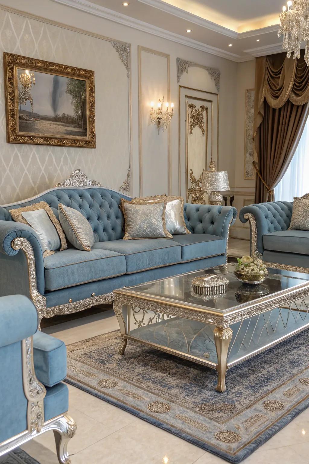 Blue furniture with silver trimmings elevates the aesthetic of this luxurious living room.