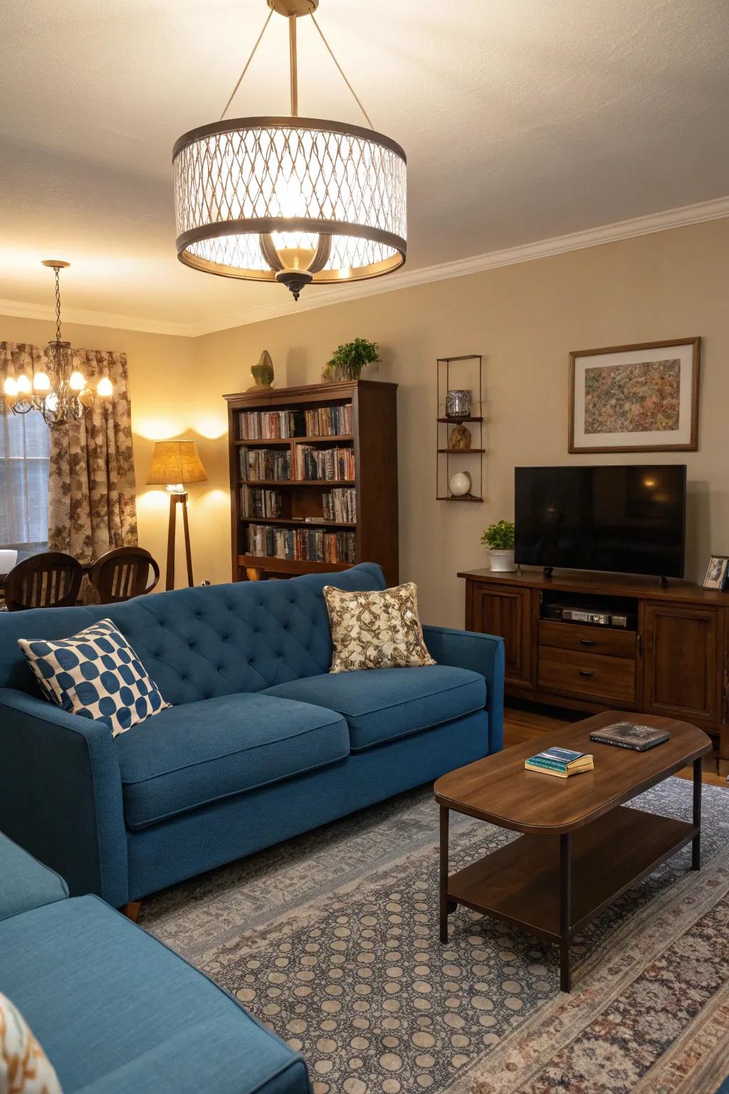 Unique lighting enhances the ambiance around a blue sofa.