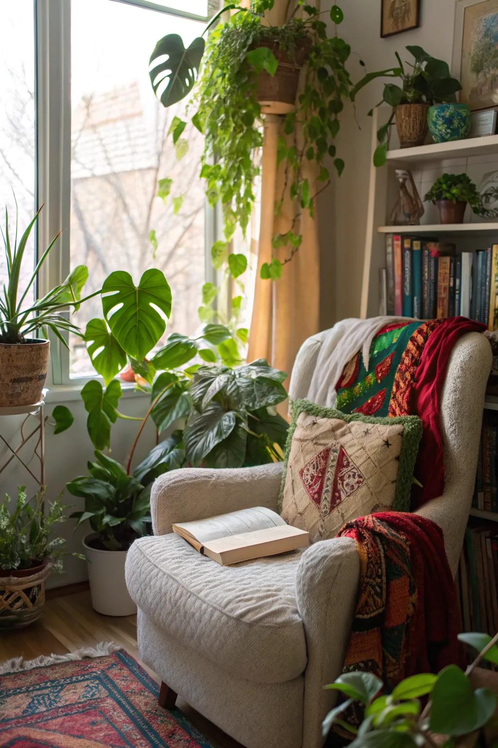 A reading nook offers a peaceful retreat in the plant room.