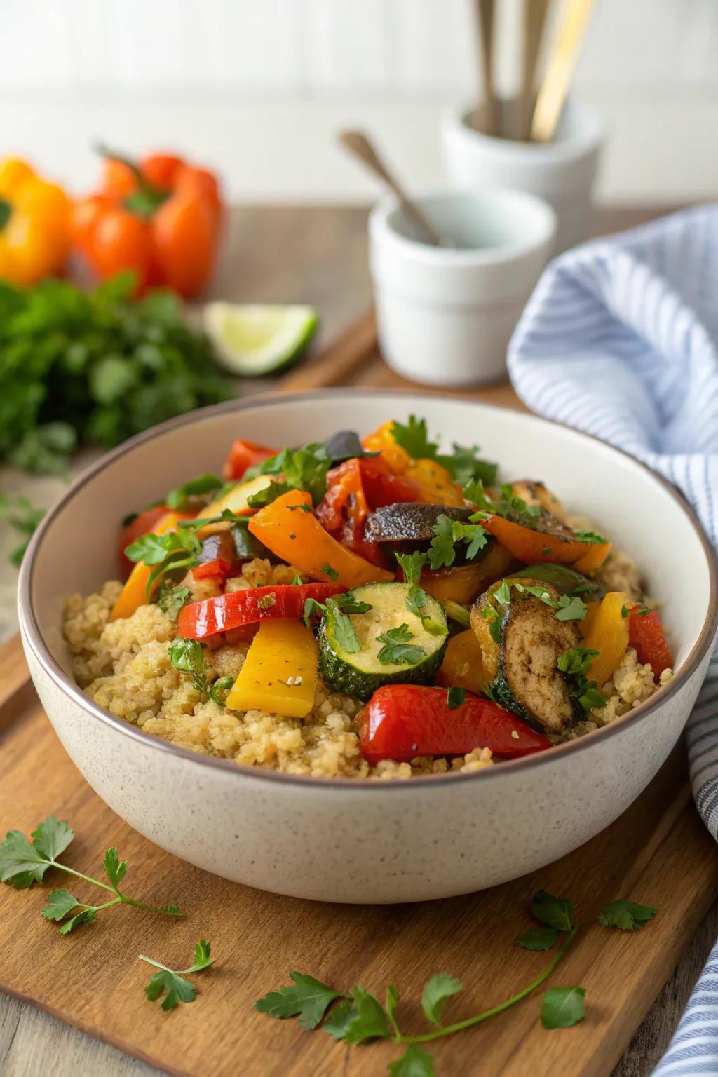 A nutritious quinoa bowl with roasted vegetables offers a hearty start.