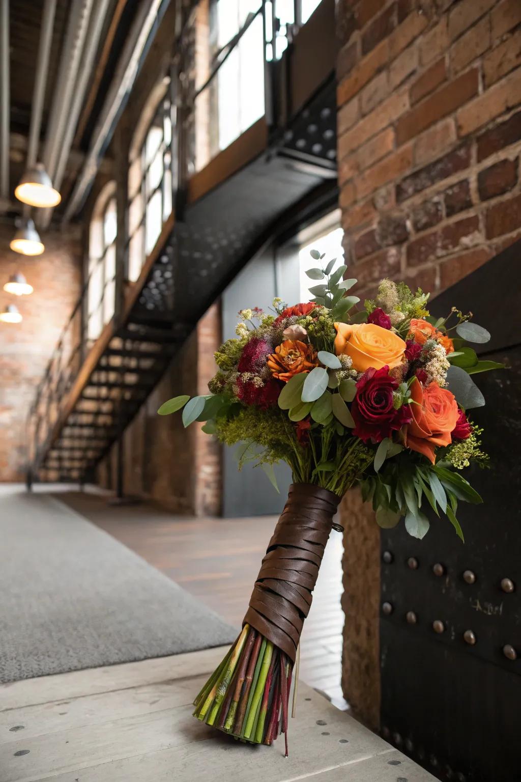 Leather wraps introducing an unexpected spin to modern wedding bouquets.