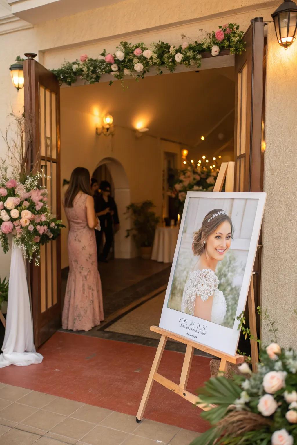 A stunning portrait of the bride on a stand welcomes guests with elegance and warmth.