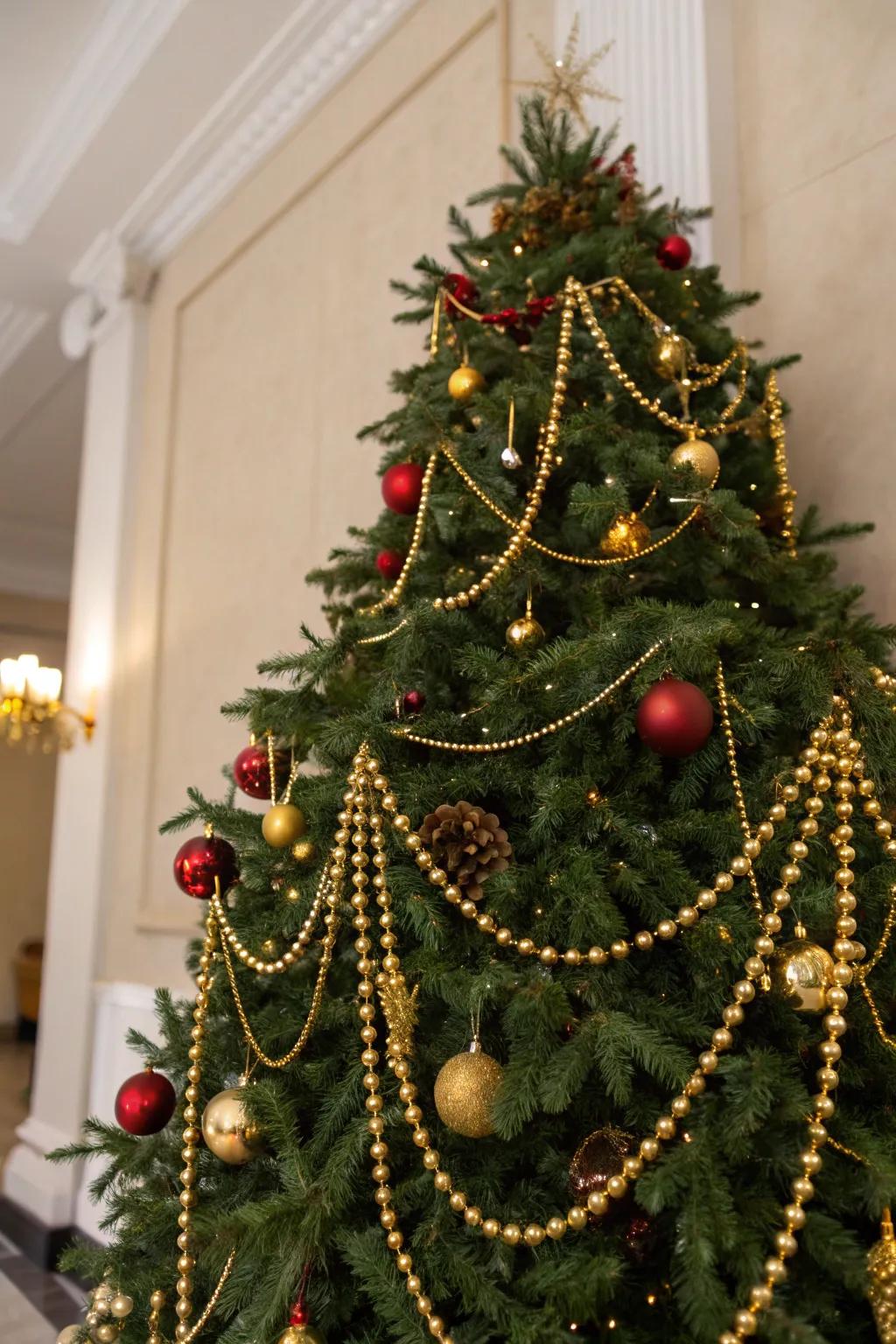 Gold beaded bands append vintage glamour to the tree.