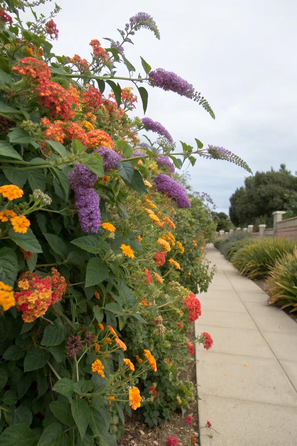 Trailing lantana and butterfly bush create a colorful and charming garden bed.